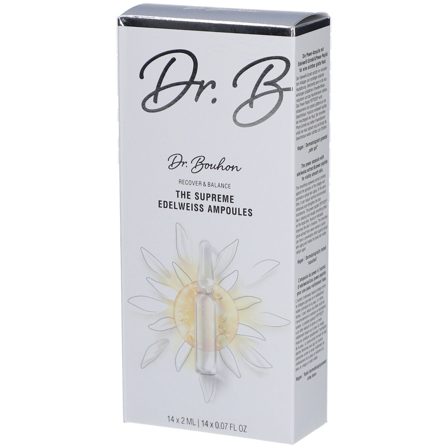 Weiße Schachtel mit "Dr. B"-Logo und Produktnamen. Eine Ampulle ist abgebildet. Unten steht "14 x 2 ml | 14 x 0.07 FL OZ".