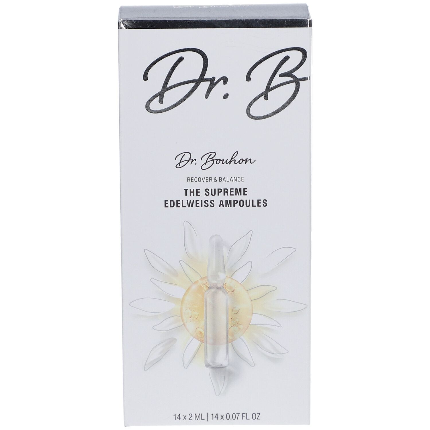 Weiße Schachtel mit "Dr. B"-Logo und Produktnamen. Eine Ampulle ist abgebildet. Unten steht "14 x 2 ml | 14 x 0.07 FL OZ".