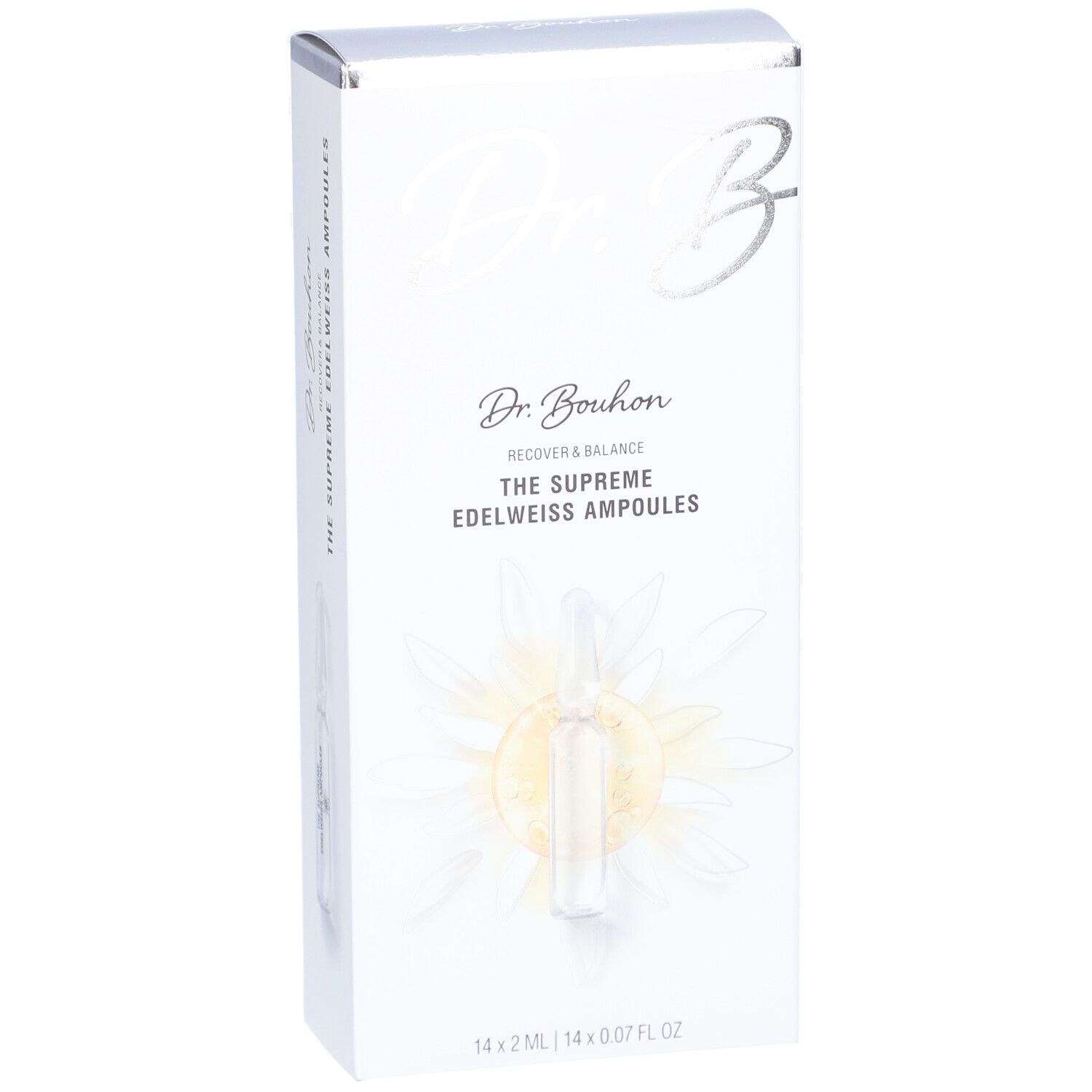 Weiße Schachtel mit "Dr. B"-Logo und Produktnamen. Eine Ampulle ist abgebildet. Unten steht "14 x 2 ml | 14 x 0.07 FL OZ".