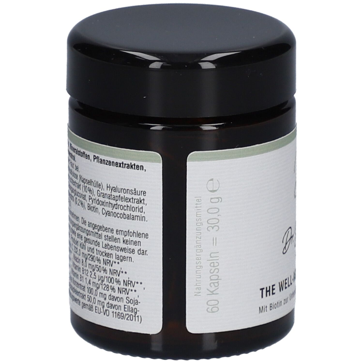 Braune Dose mit schwarzem Deckel. Aufschrift: Dr. Bouhon, THE WELL-AGE SKIN SUPPORT. Rückseite mit Inhaltsstoffen.