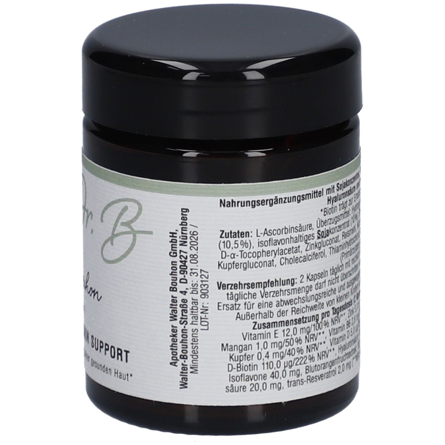 Braune Dose mit schwarzem Deckel. Aufschrift: Dr. Bouhon, THE WELL-AGE SKIN SUPPORT. Rückseite mit Inhaltsstoffen.