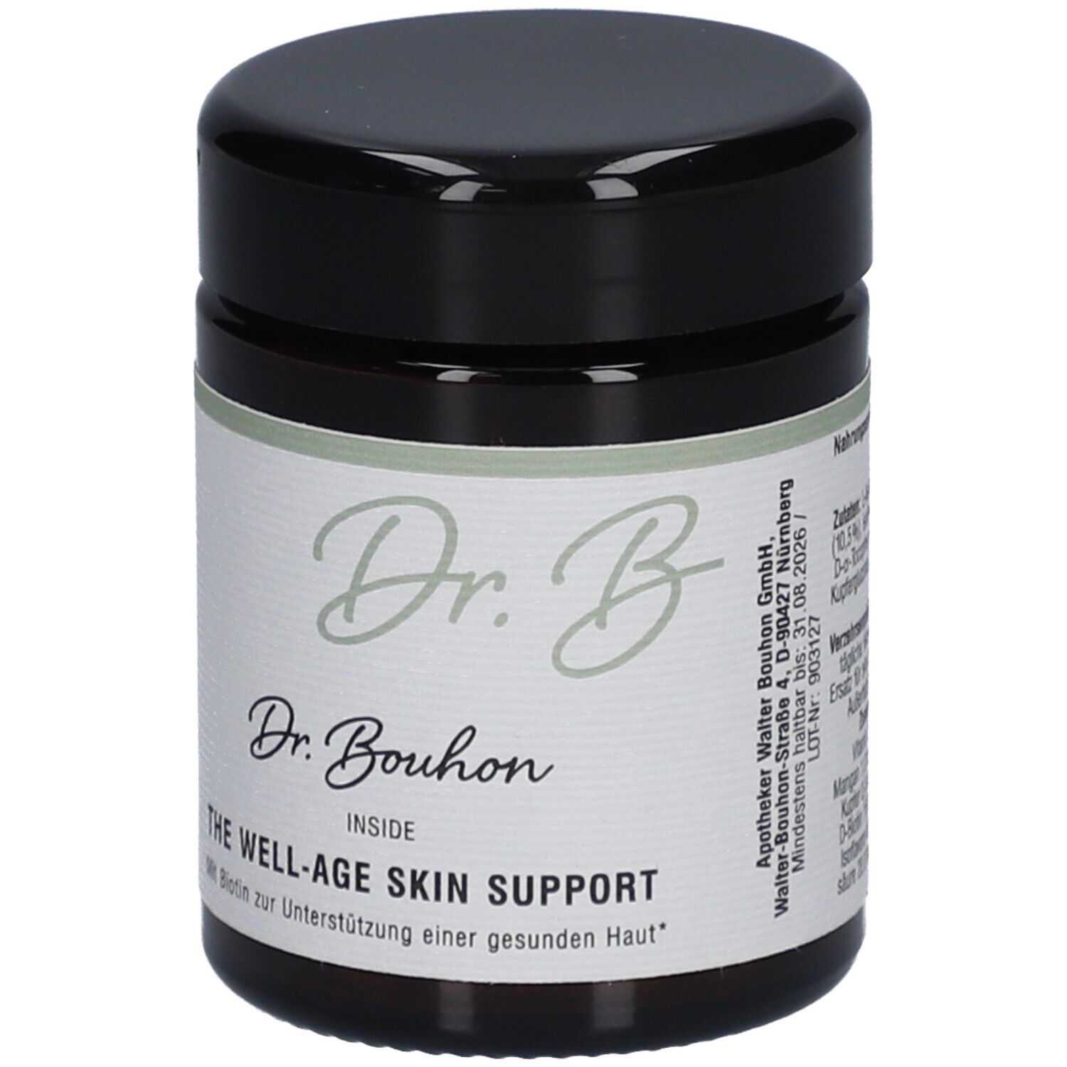 Braune Dose mit schwarzem Deckel. Aufschrift: Dr. Bouhon, THE WELL-AGE SKIN SUPPORT.