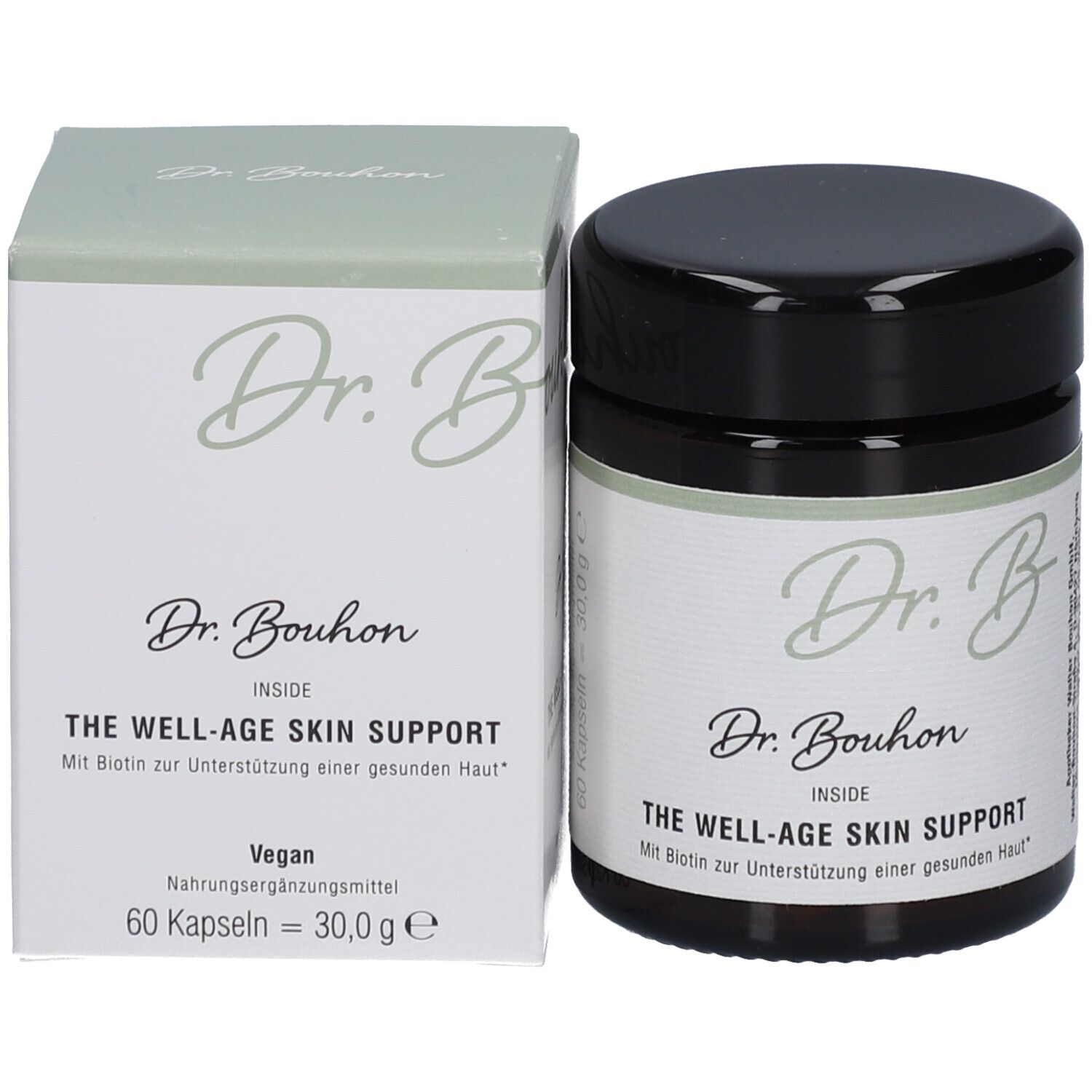 Produktverpackung: Dose und Schachtel. Aufschrift: Dr. Bouhon, THE WELL-AGE SKIN SUPPORT. Vegan.