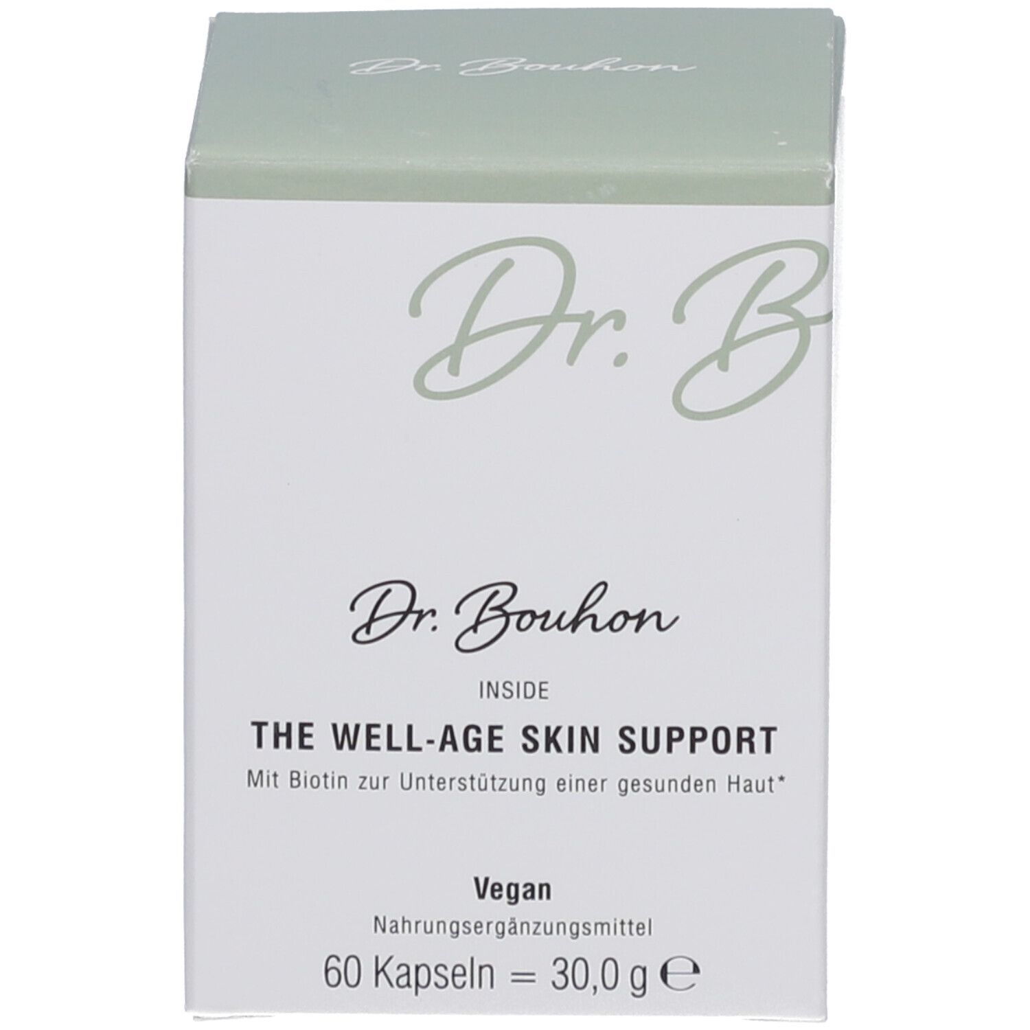 Produktverpackung: Schachtel. Aufschrift: Dr. Bouhon, THE WELL-AGE SKIN SUPPORT. Vegan.
