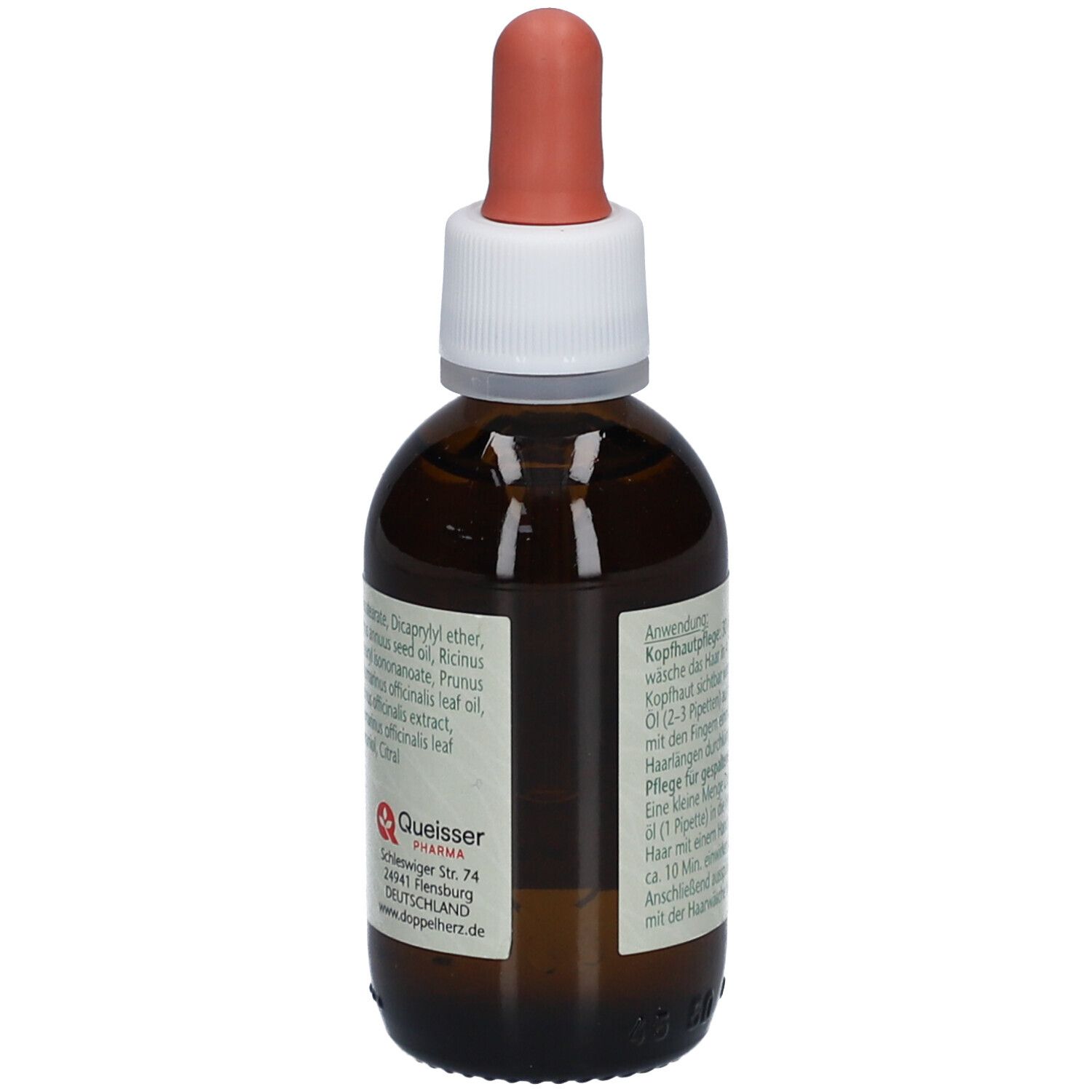 Braune Glasflasche mit Pipette. Etikett mit Produktname und Logo. Vegan-Siegel. Text über Inhaltsstoffe.