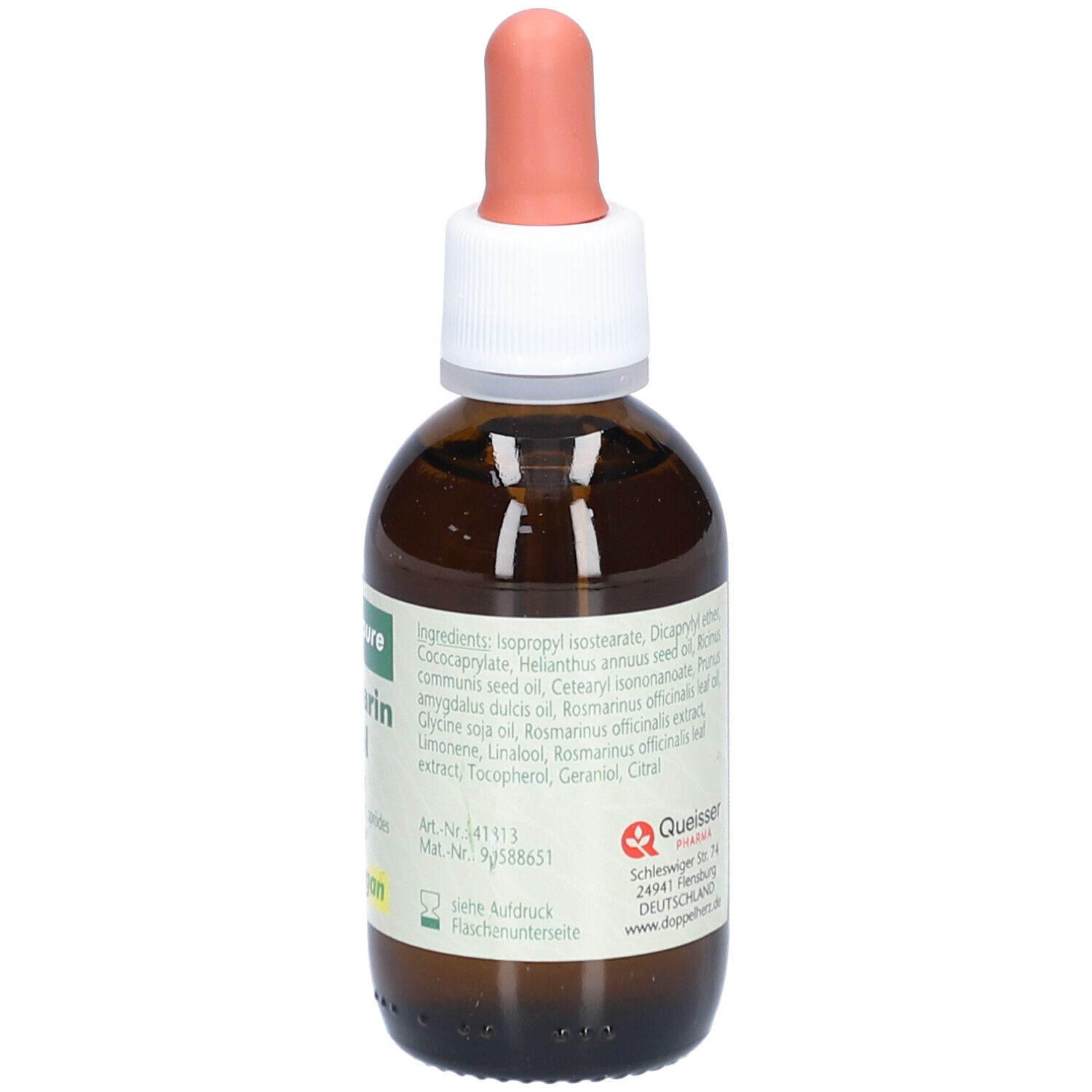 Braune Glasflasche mit Pipette. Etikett mit Produktname und Logo. Vegan-Siegel. Text über Inhaltsstoffe.