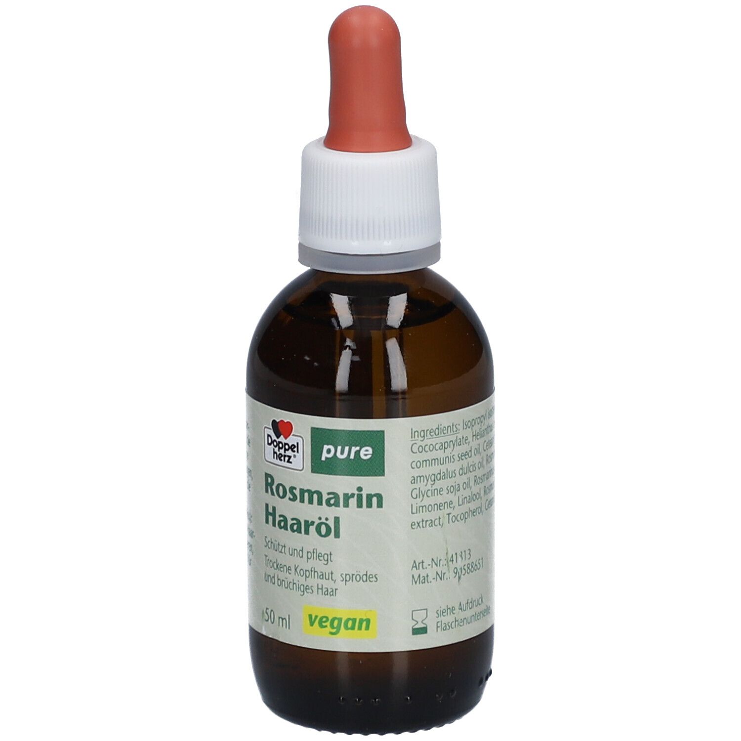 Braune Glasflasche mit Pipette. Etikett mit Produktname und Logo. Vegan-Siegel.