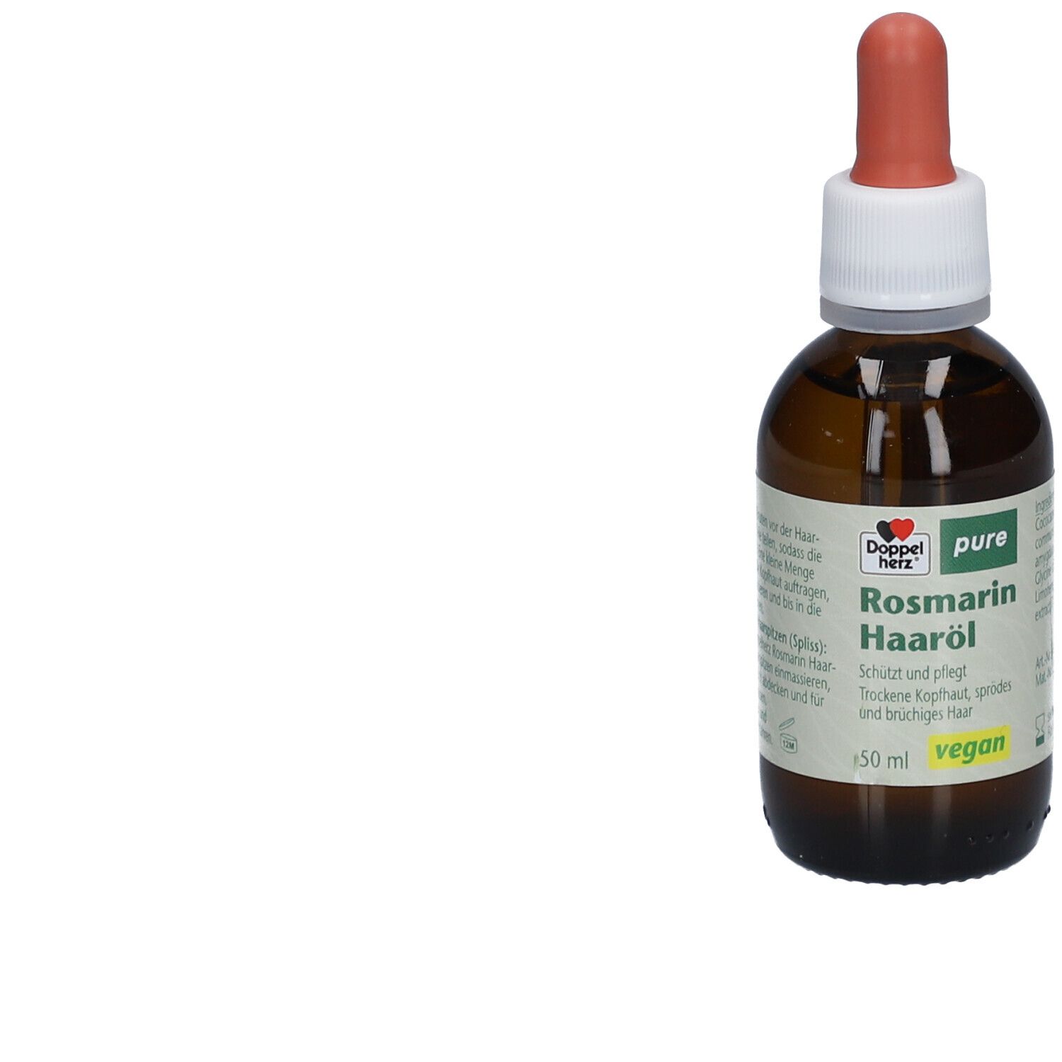 Braune Glasflasche mit Pipette. Etikett mit Produktname und Logo. Vegan-Siegel.