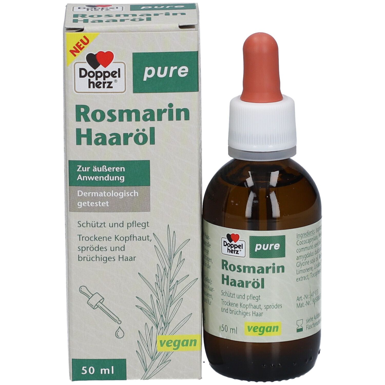 Produktflasche mit Verpackung. Braune Flasche mit Pipette. Karton mit Produktname und Logo. Vegan-Siegel.