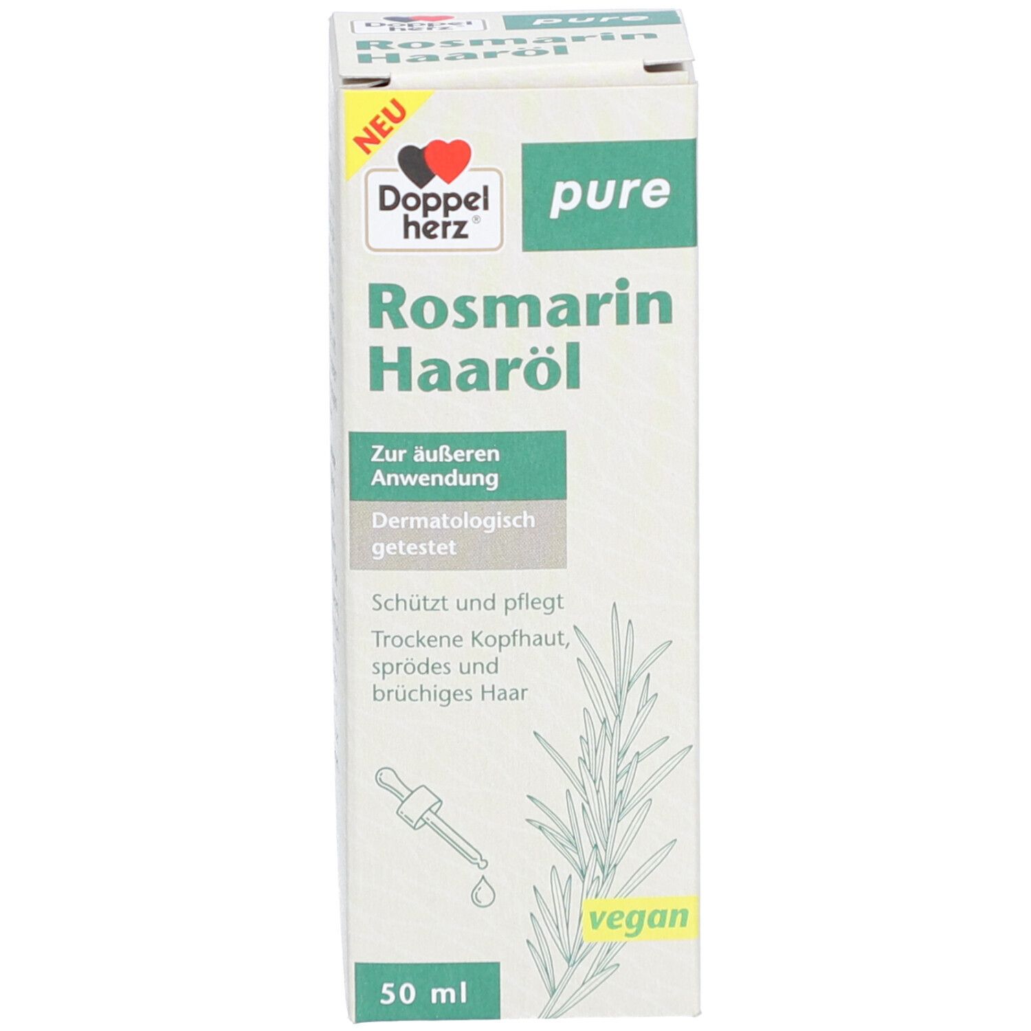 Produktverpackung. Karton mit Produktname und Logo. Vegan-Siegel. Text: Zur äußeren Anwendung.
