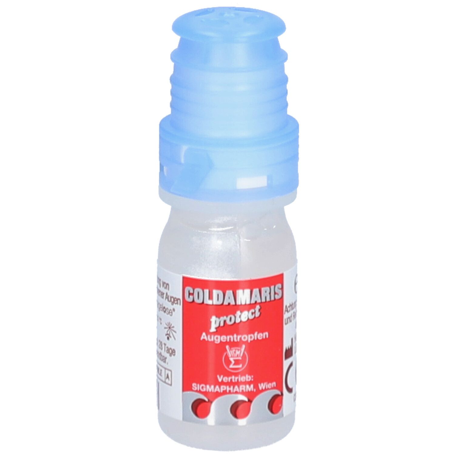 Kleine Flasche mit blauem Verschluss. Rotes Etikett mit weißer Schrift: Coldamaris protect Augentropfen. Hersteller: SIGMAPHARM, Wien.