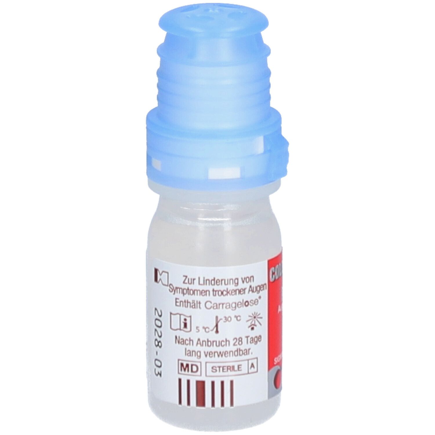 Kleine Flasche mit blauem Verschluss. Rotes Etikett mit Text. Enthält Carragelos. Haltbarkeit nach Anbruch: 28 Tage. MD STERILE A.