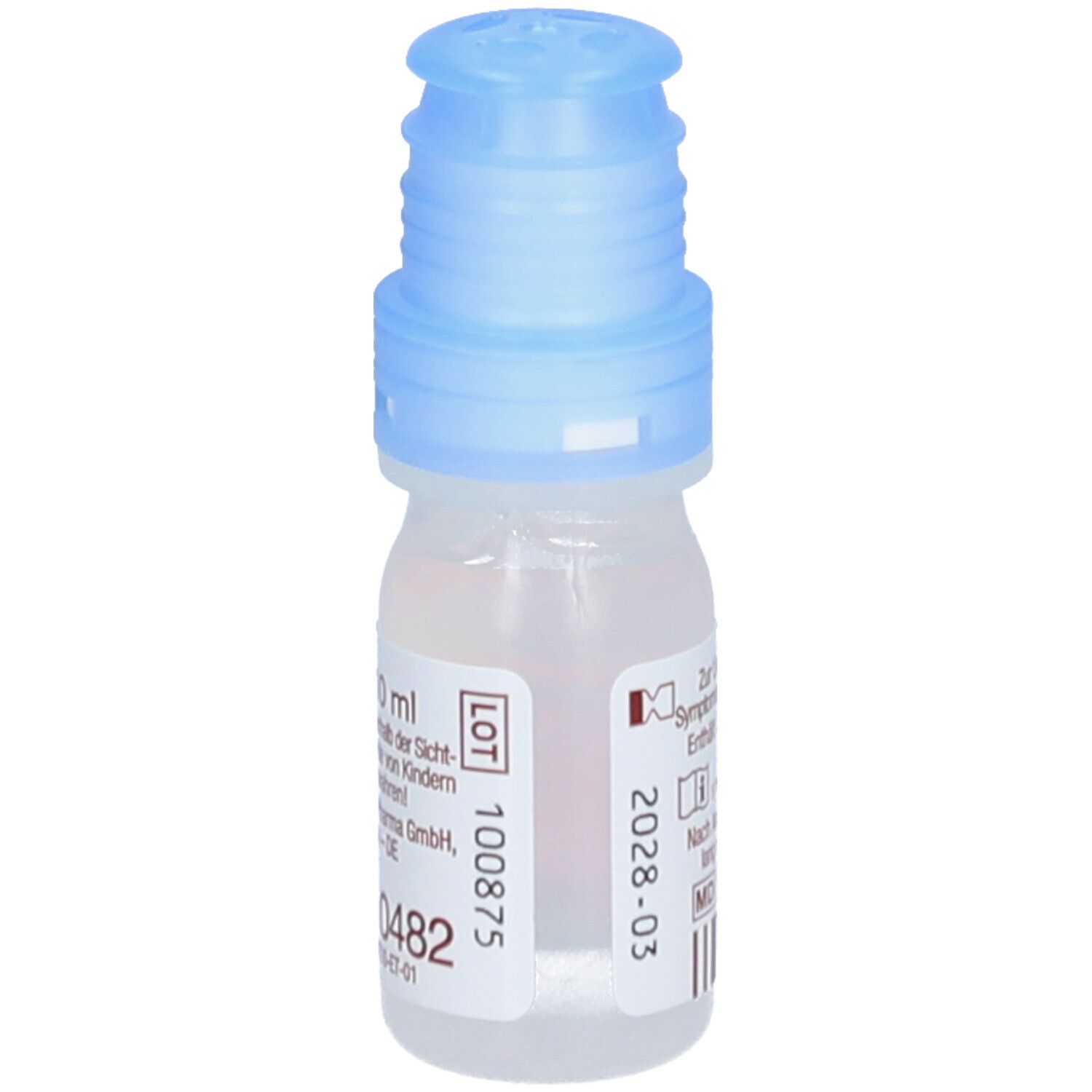 Kleine Flasche mit blauem Verschluss. Etikett mit Text und LOT-Nummer. 10 ml. Hersteller: Hälsa Pharma GmbH, Lübeck.