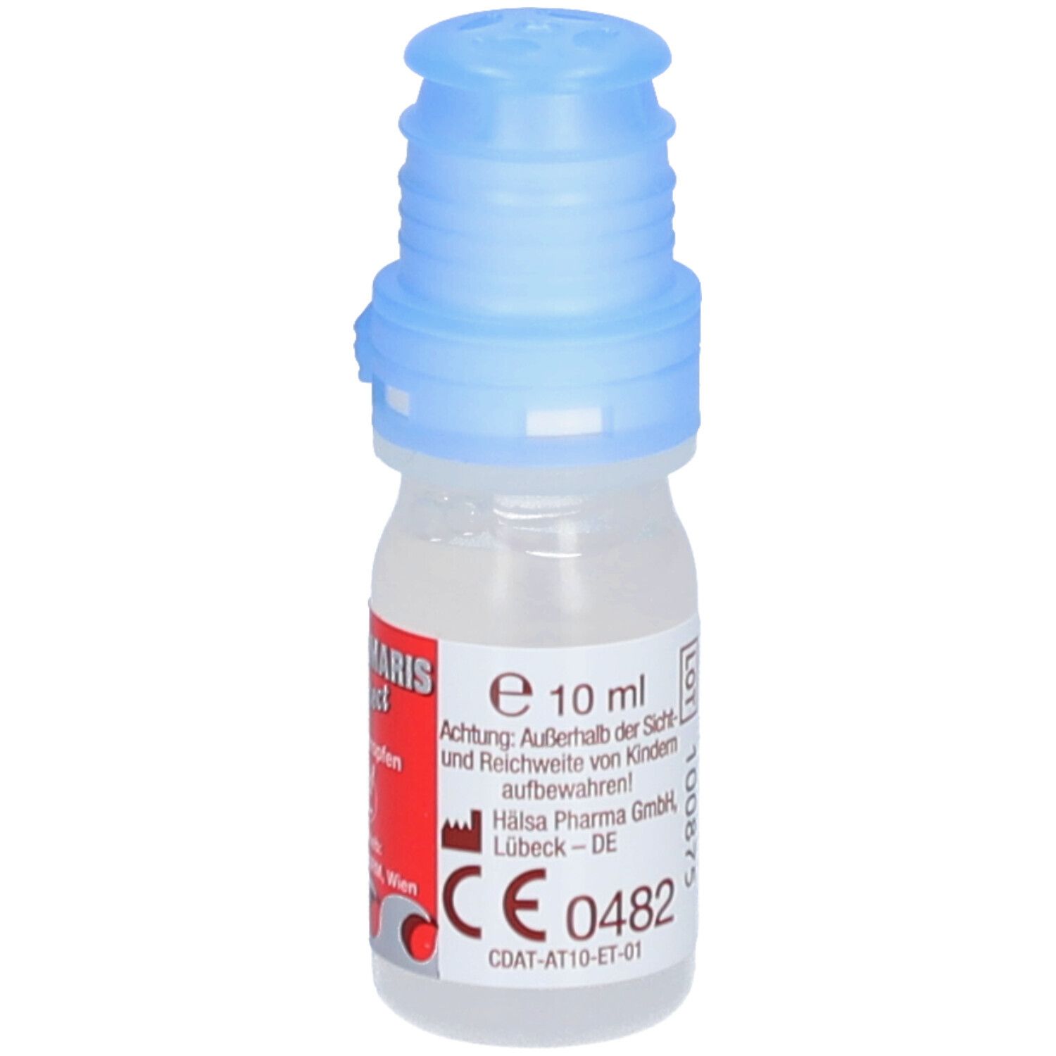 Kleine Flasche mit blauem Verschluss. Etikett mit Text. 10 ml. Hersteller: Hälsa Pharma GmbH, Lübeck. CE-Kennzeichnung.