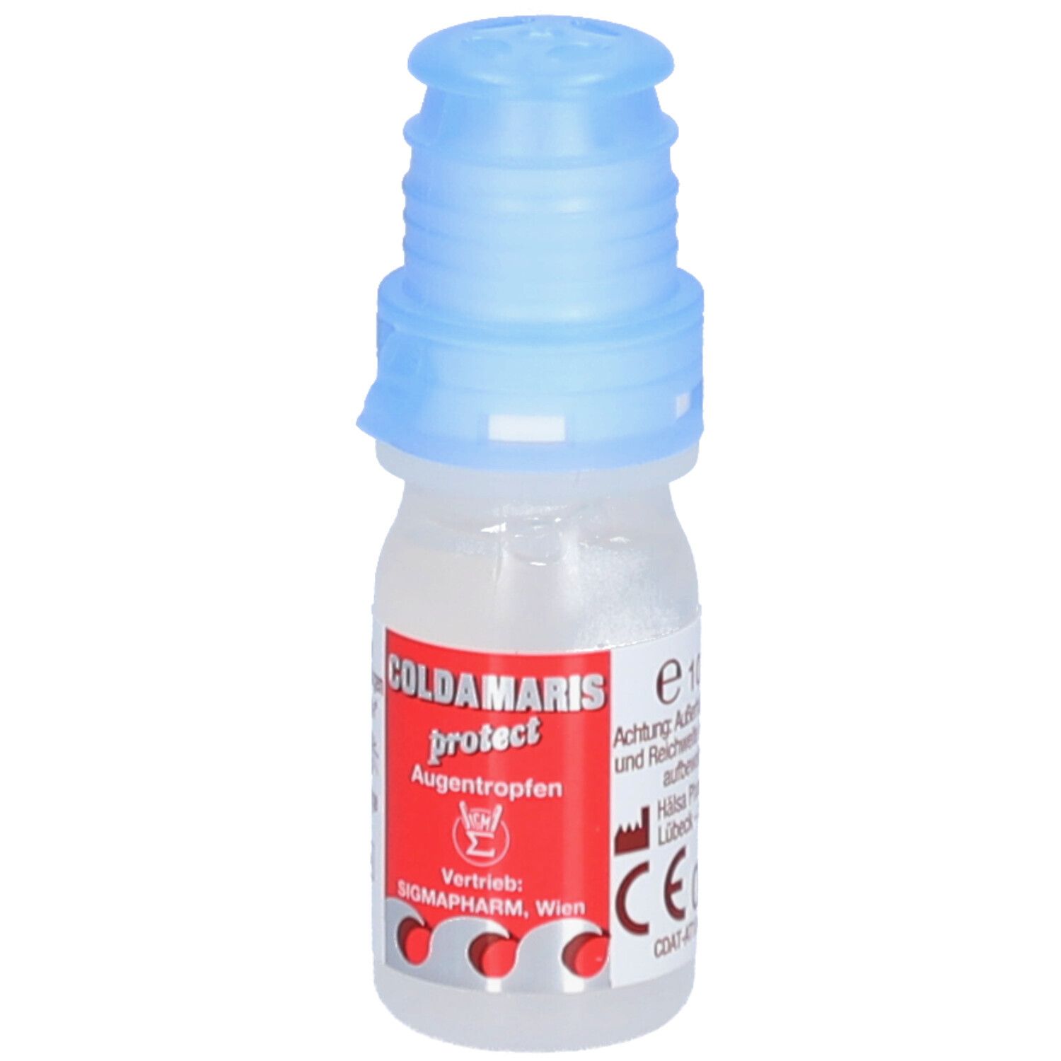 Kleine Flasche mit blauem Verschluss. Rotes Etikett mit weißer Schrift: Coldamaris protect Augentropfen. Hersteller: SIGMAPHARM, Wien. CE-Kennzeichnung.
