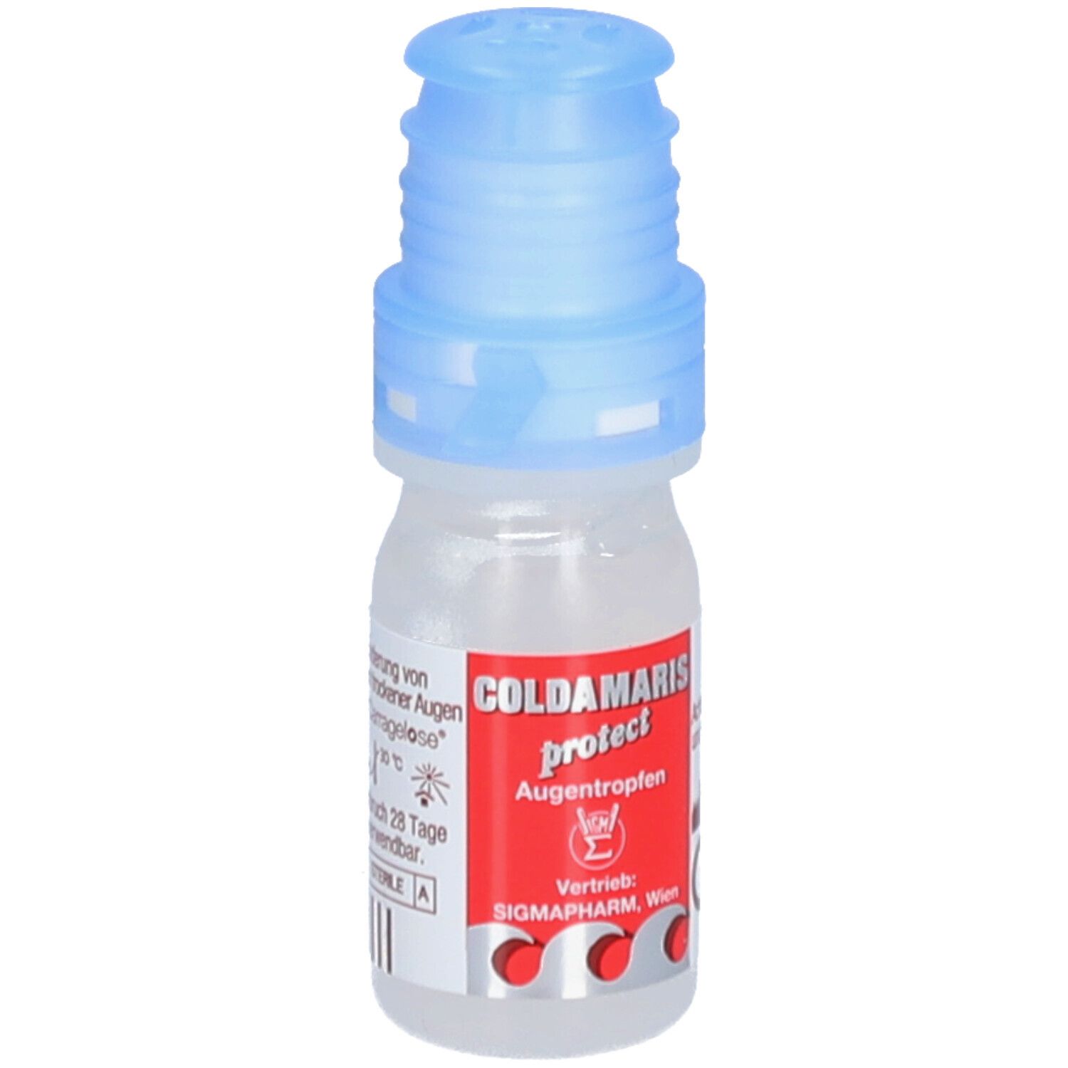 Kleine Flasche mit blauem Verschluss. Rotes Etikett mit weißer Schrift: Coldamaris protect Augentropfen. Hersteller: SIGMAPHARM, Wien.