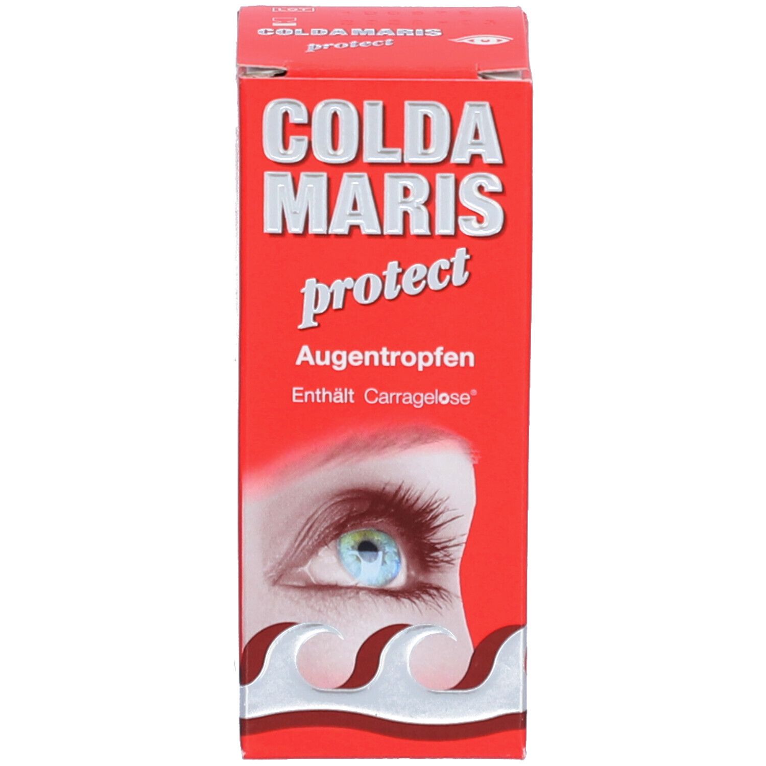 Rote Schachtel mit weißer Schrift: Coldamaris protect Augentropfen. Enthält Carragelos. Auge abgebildet. Wellenmuster am unteren Rand.