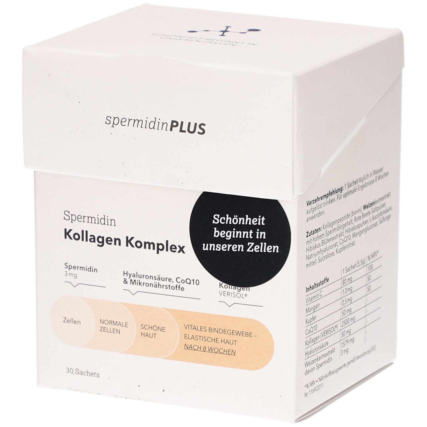 Weißer Karton mit Produktaufdruck. Aufschrift: SpermidinPLUS Kollagen Komplex. Enthält 30 Sachets.