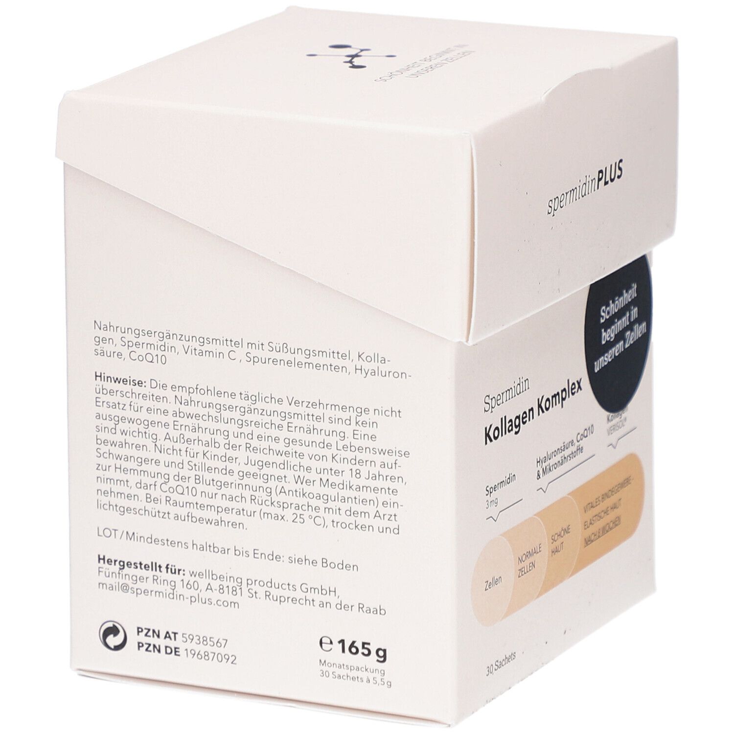Weißer Karton mit Produktaufdruck. Rückseite mit Informationen. Enthält 165g, 30 Sachets. PZN-Nummer.