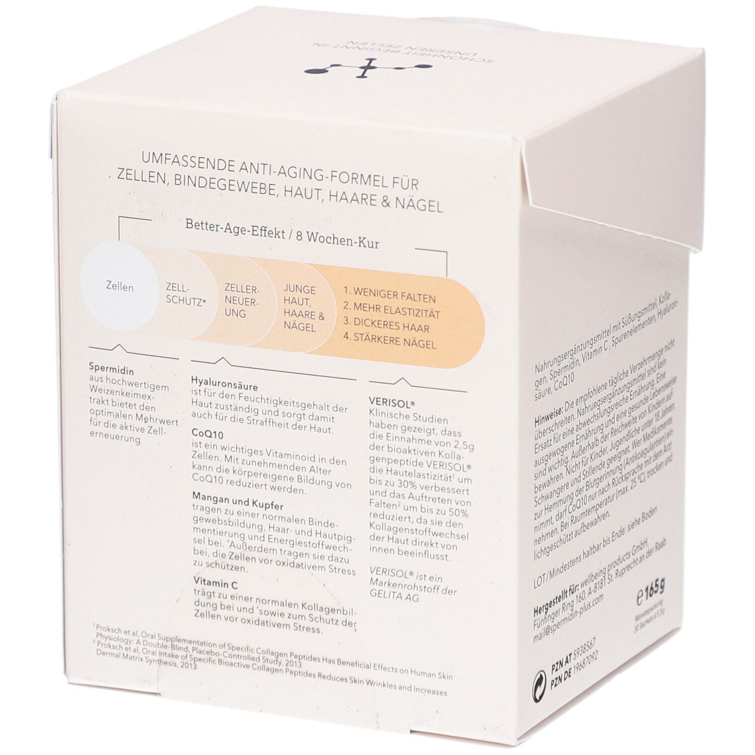Weißer Karton mit Produktaufdruck. Seite mit Informationen. Anti-Aging-Formel für Zellen, Bindegewebe, Haare & Nägel.
