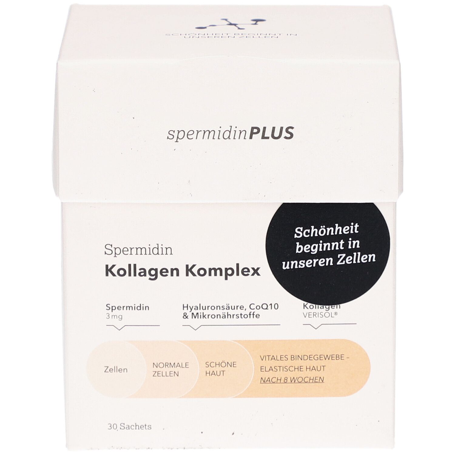 Weißer Karton mit Produktaufdruck. Aufschrift: SpermidinPLUS Kollagen Komplex. Enthält 30 Sachets.
