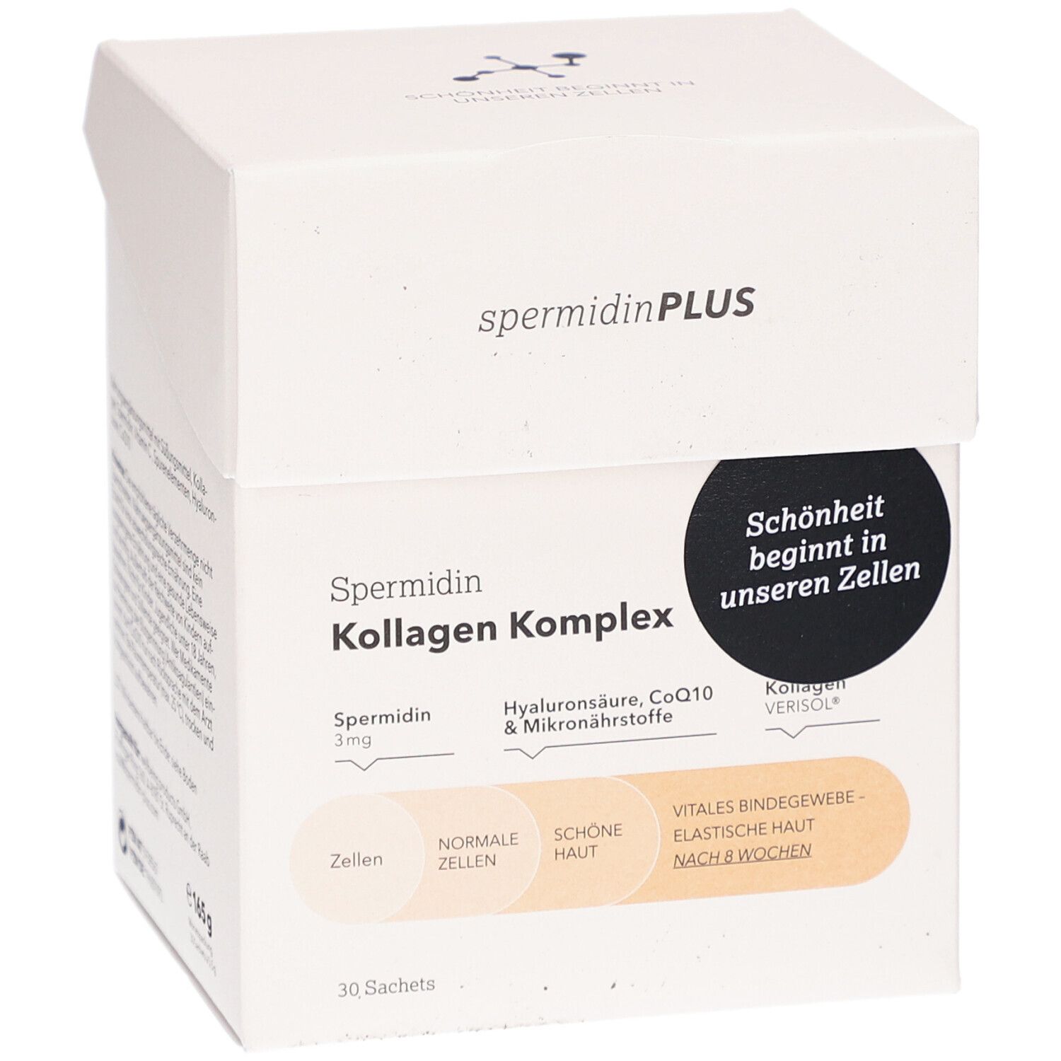 Weißer Karton mit Produktaufdruck. Aufschrift: SpermidinPLUS Kollagen Komplex. Enthält 30 Sachets.