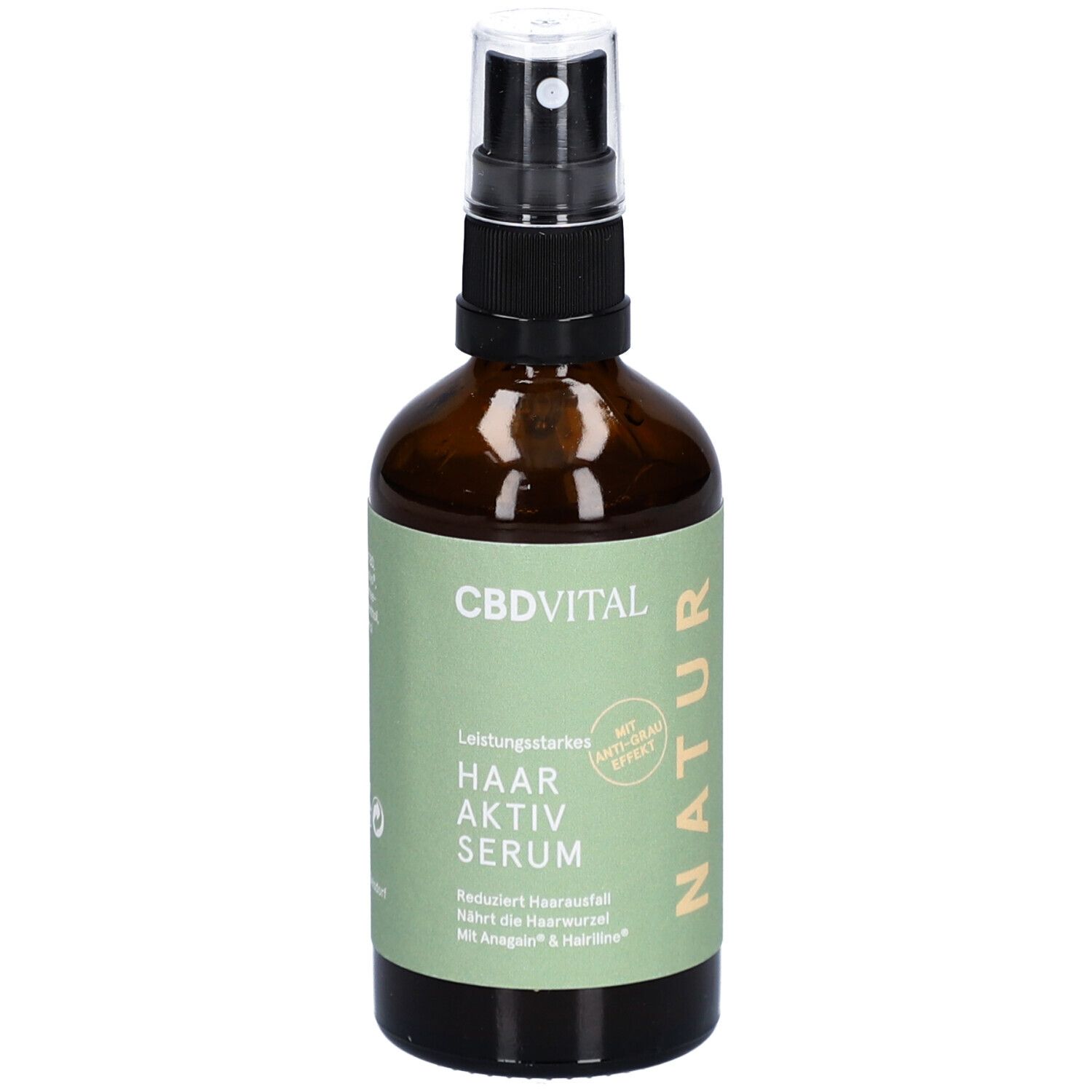 Braune Glasflasche mit Sprühkopf. Aufkleber mit Produktnamen und Text. CBDVITAL Natur Haar Aktiv Serum.