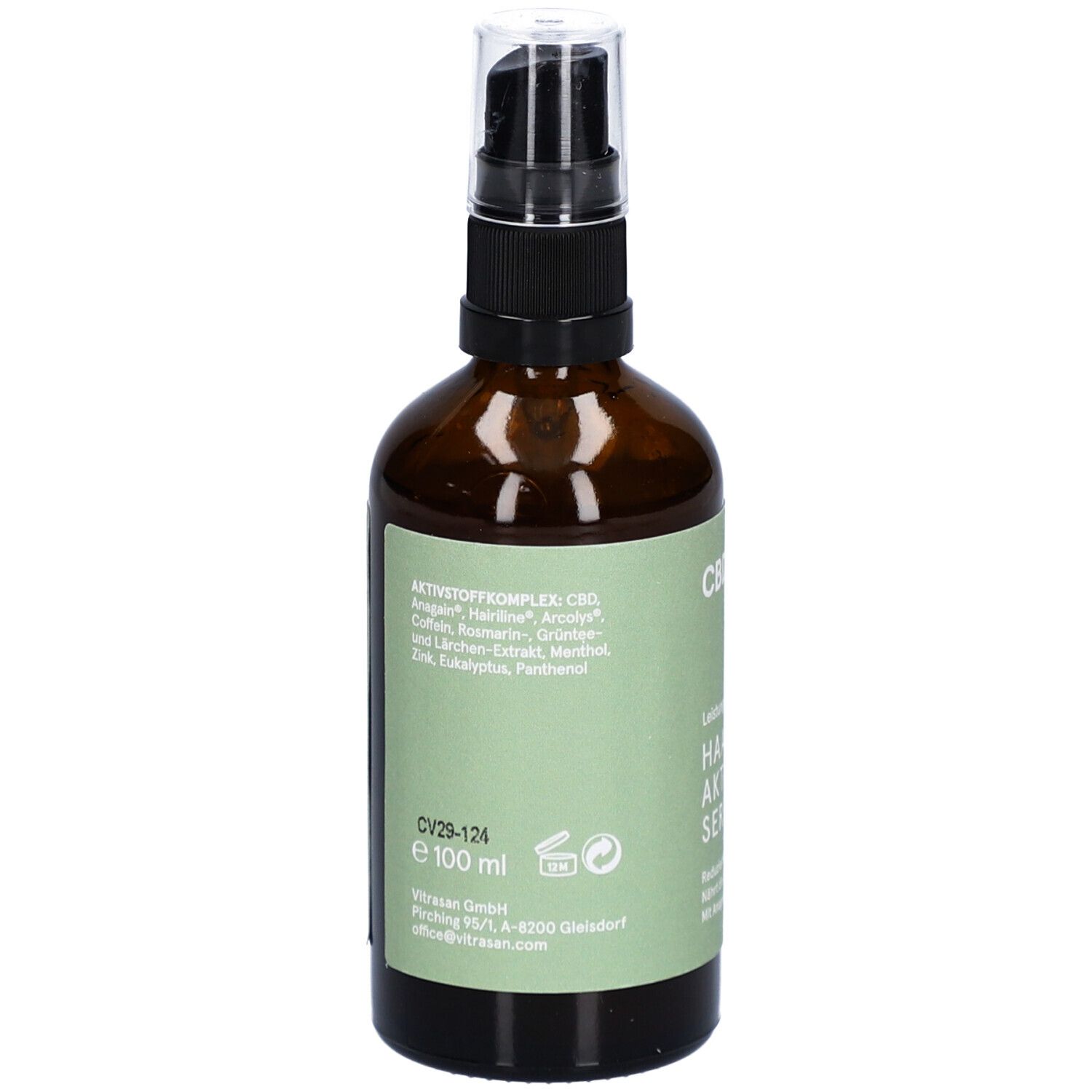 Braune Glasflasche mit Sprühkopf. Rückseite mit Inhaltsstoffen und Herstellerinformationen. CBDVITAL Natur Haar Aktiv Serum.