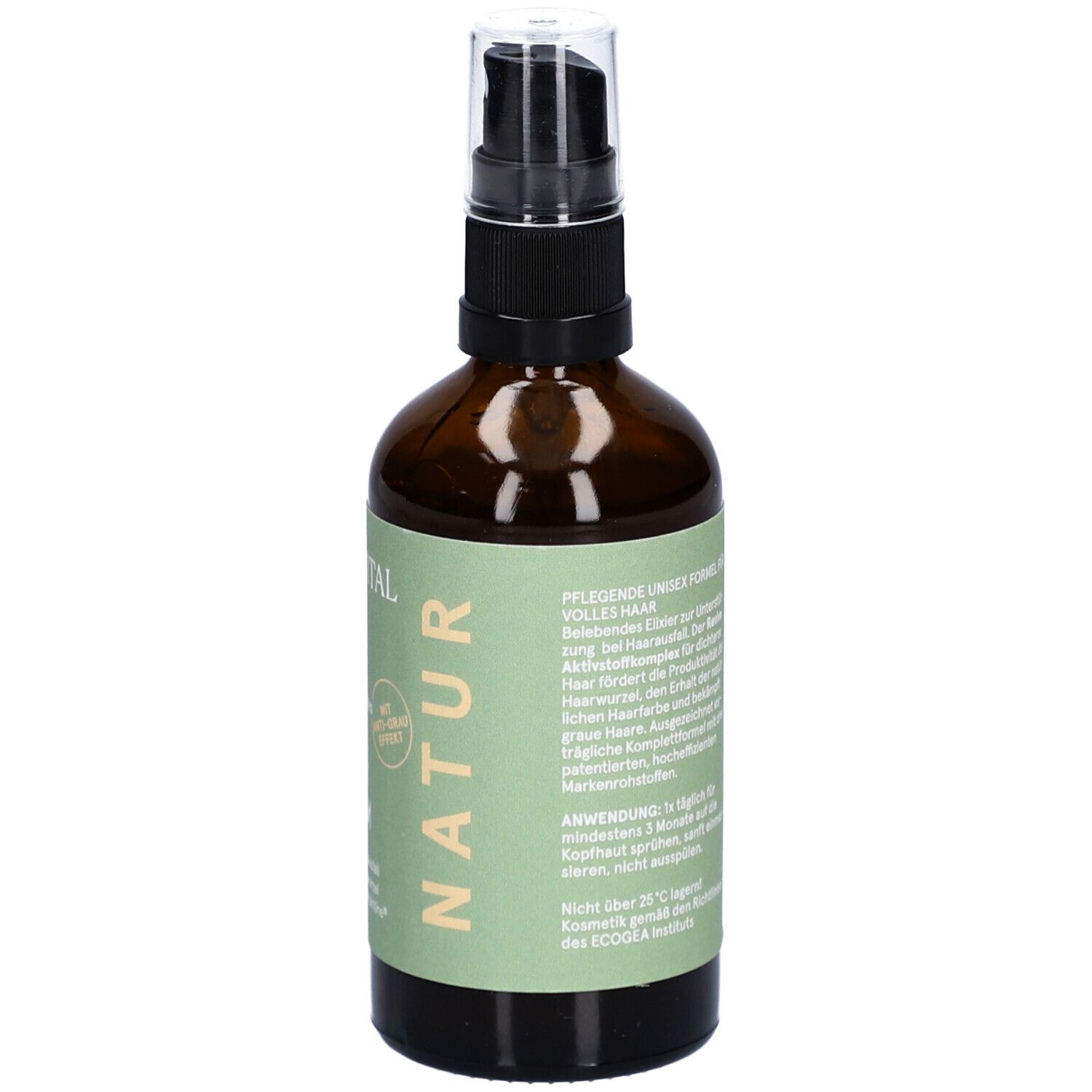 Braune Glasflasche mit Sprühkopf. Rückseite mit Pflegehinweisen und Herstellerinformationen. CBDVITAL Natur Haar Aktiv Serum.