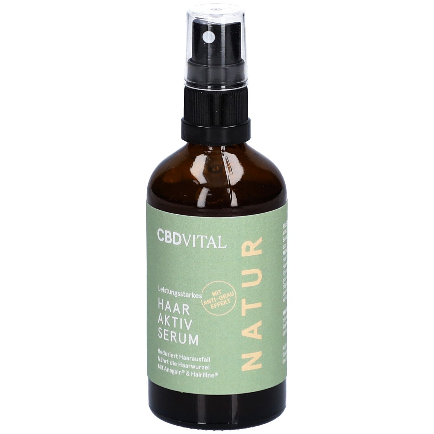 Braune Glasflasche mit Sprühkopf. Aufkleber mit Produktnamen und Text. CBDVITAL Natur Haar Aktiv Serum.