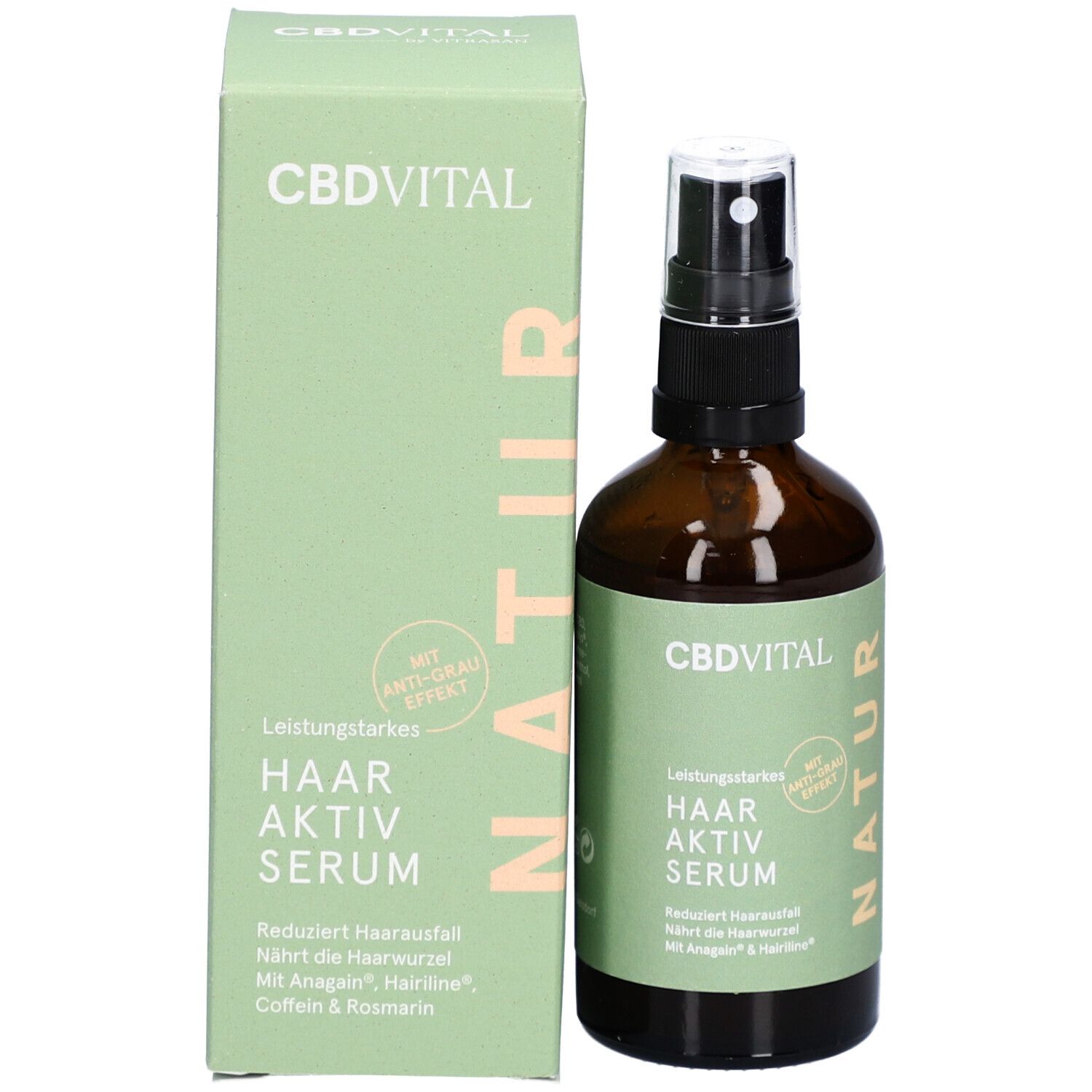 Produktflasche und Verpackung. Braune Glasflasche mit Sprühkopf. CBDVITAL Natur Haar Aktiv Serum. Grüne Verpackung.