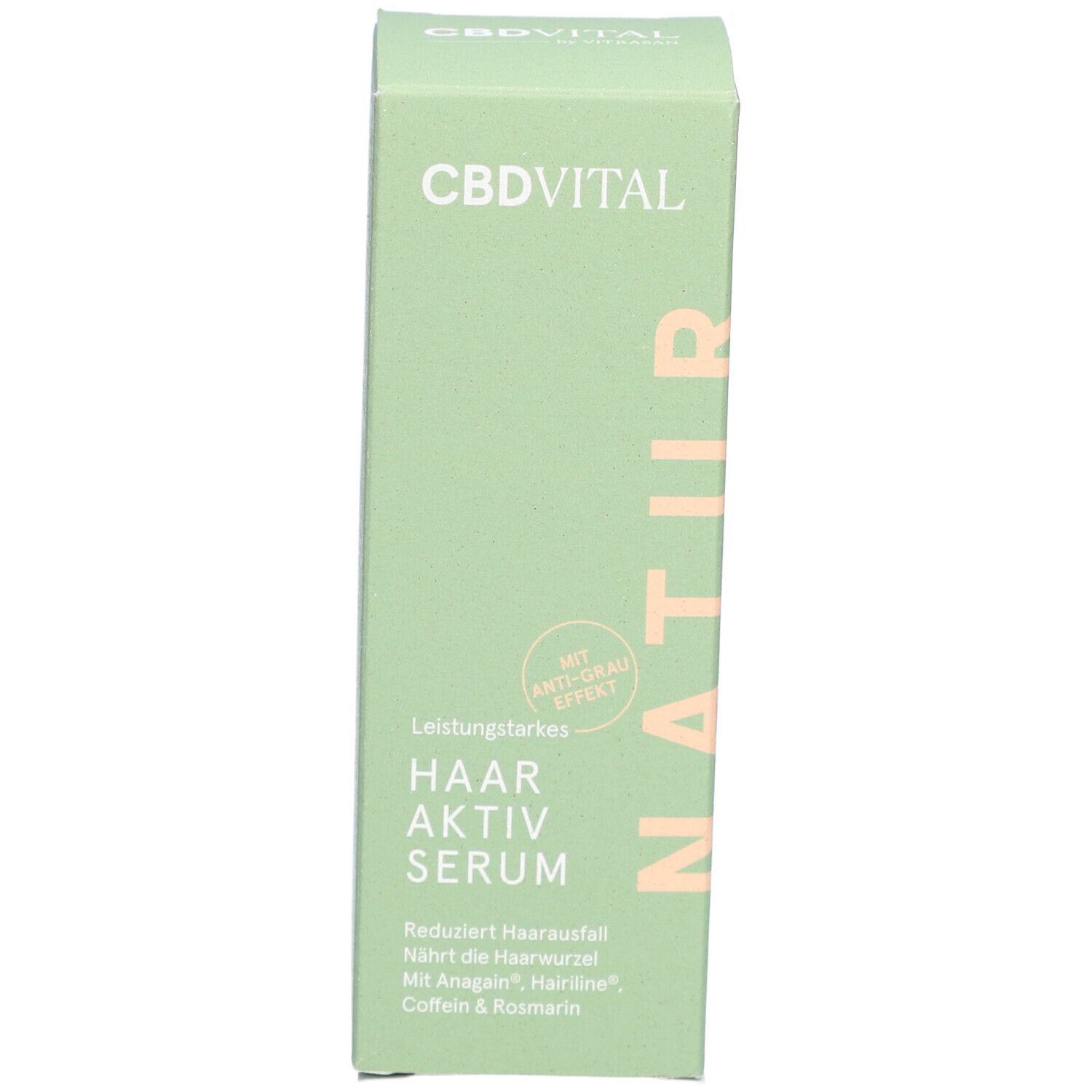 Grüne Produktverpackung. CBDVITAL Natur Haar Aktiv Serum. Text und Logo auf der Verpackung.