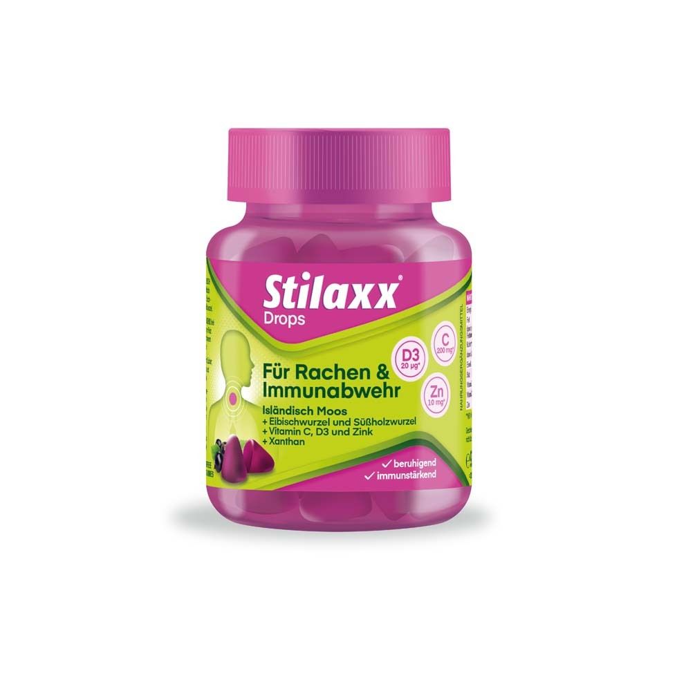 Runde, rosa Dose mit "Stilaxx Drops". Aufschrift: Für Rachen & Immunabwehr. Enthält Vitamin D3, C und Zink.