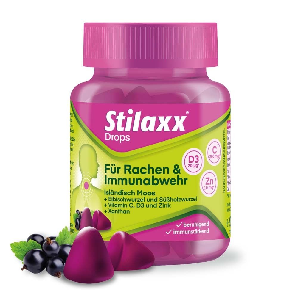 Rosa Dose "Stilaxx Drops" mit Gummibärchen und Früchten. Aufschrift: Für Rachen & Immunabwehr. Enthält Vitamin D3, C und Zink.