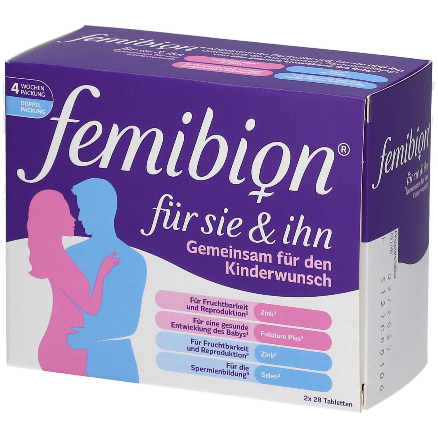 Femibion-Verpackung für Sie & Ihn. Lila Schachtel mit Logo, Umriss von Mann und Frau. 4-Wochen-Packung.