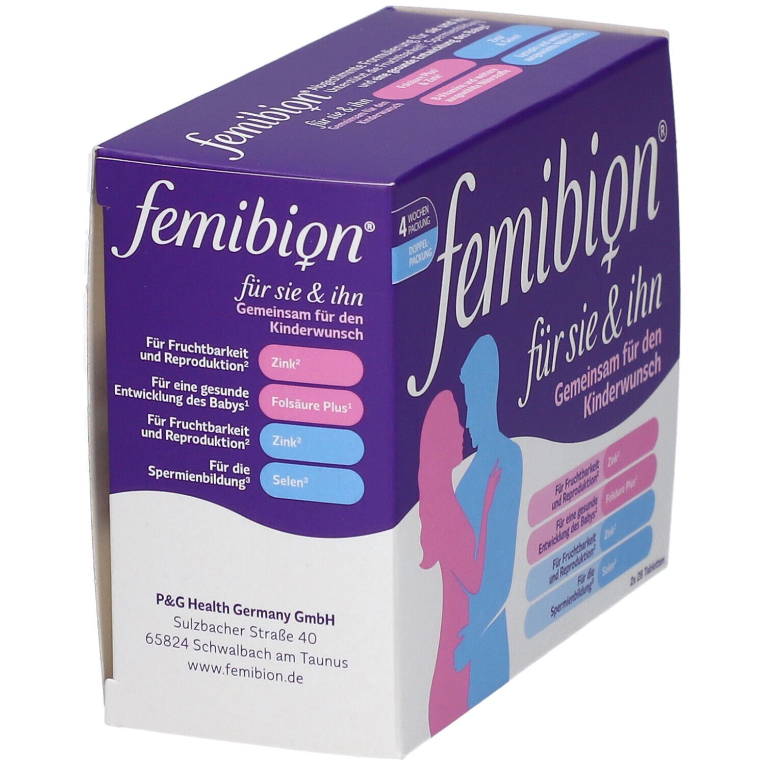 Femibion-Verpackung für Sie & Ihn. Lila Schachtel mit Logo, Umriss von Mann und Frau. Ansicht von der Seite.