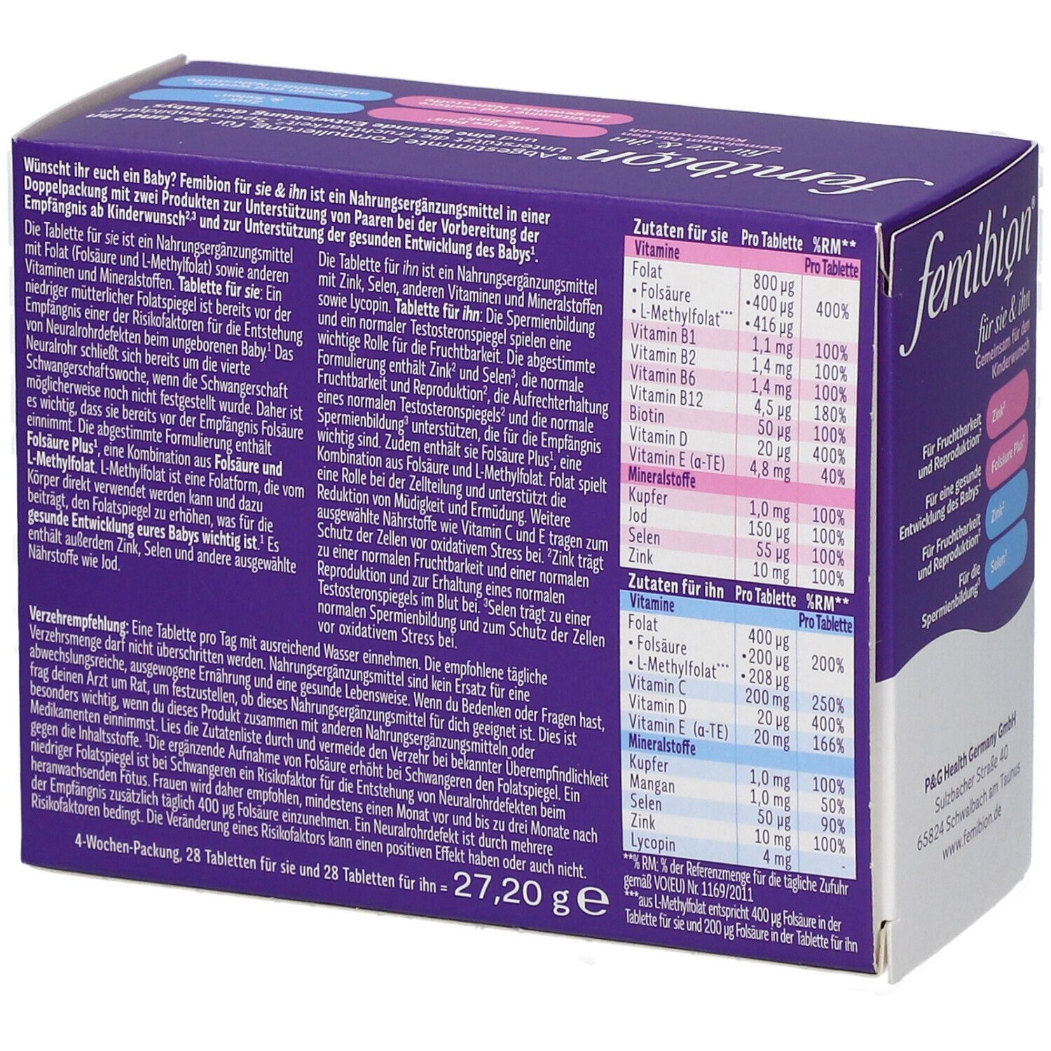 Femibion-Verpackung für Sie & Ihn. Rückseite mit Inhaltsangaben und Nährwerttabelle. Lila und weiß.