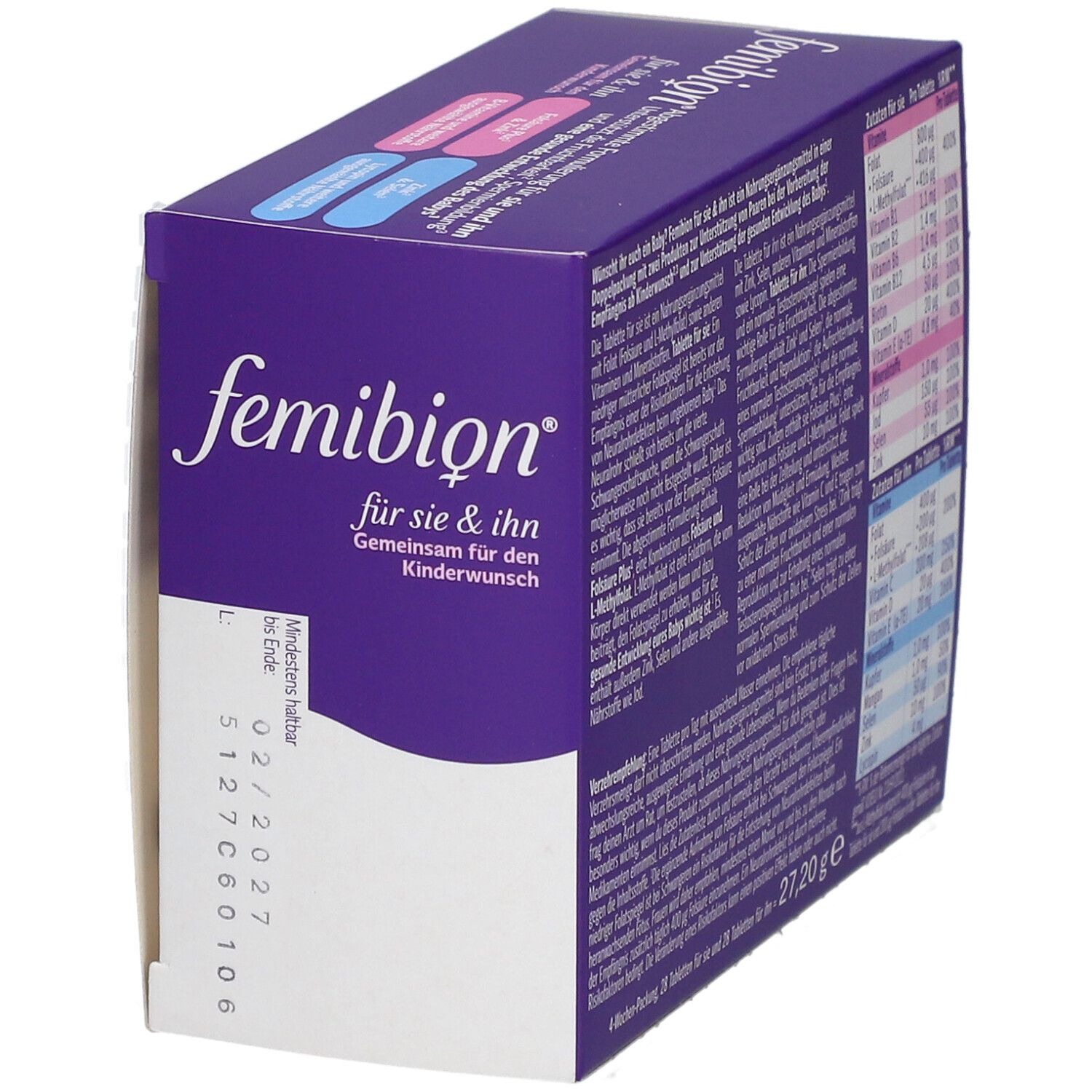 Femibion-Verpackung für Sie & Ihn. Rückseite mit Text und Nährwerttabelle. Lila und weiß.
