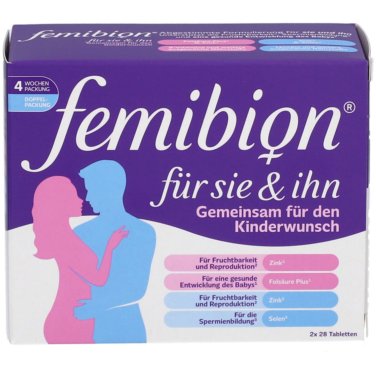 Femibion-Verpackung für Sie & Ihn. Lila Schachtel mit Logo, Umriss von Mann und Frau. 4-Wochen-Packung.