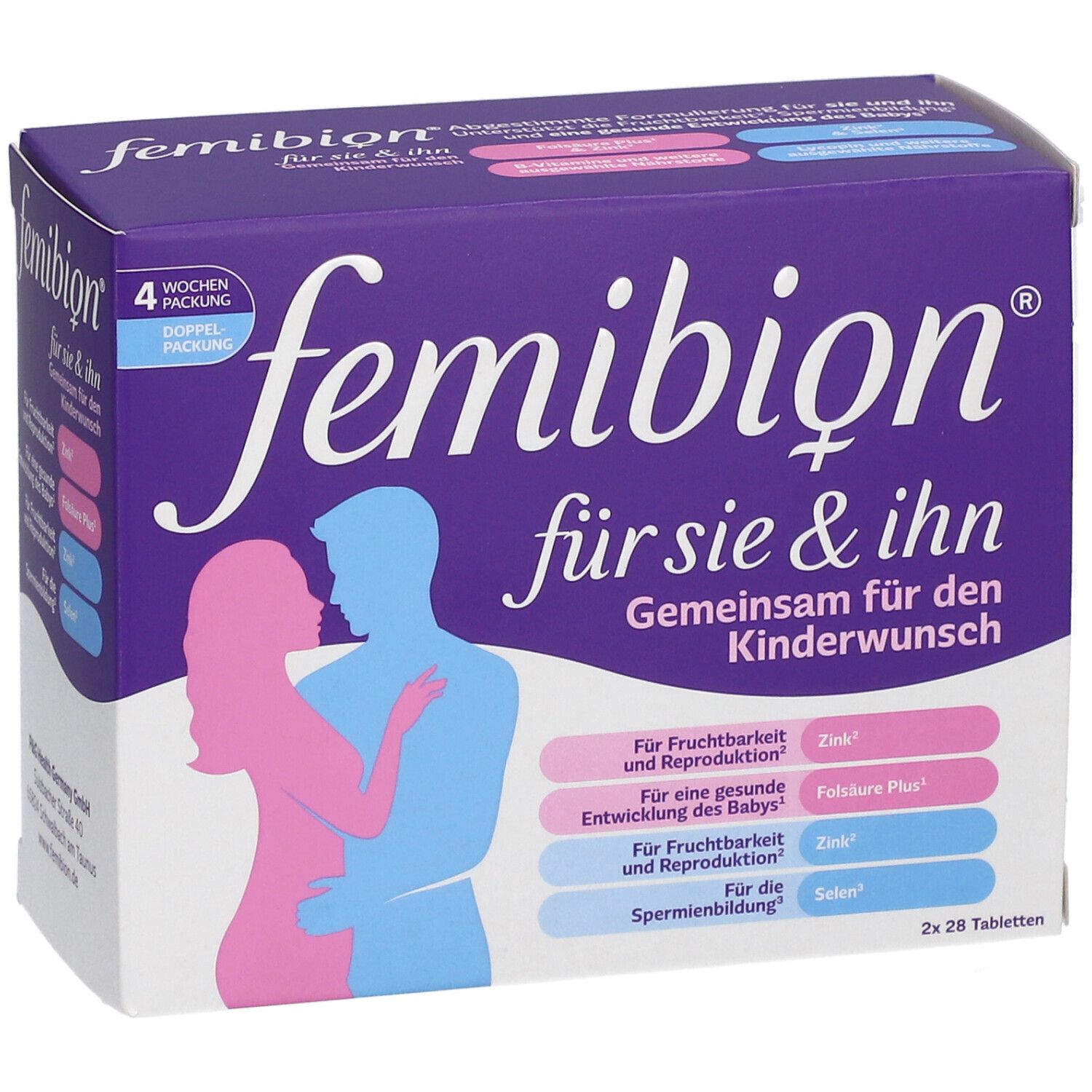 Femibion-Verpackung für Sie & Ihn. Lila Schachtel mit Logo, Umriss von Mann und Frau. 4-Wochen-Packung.