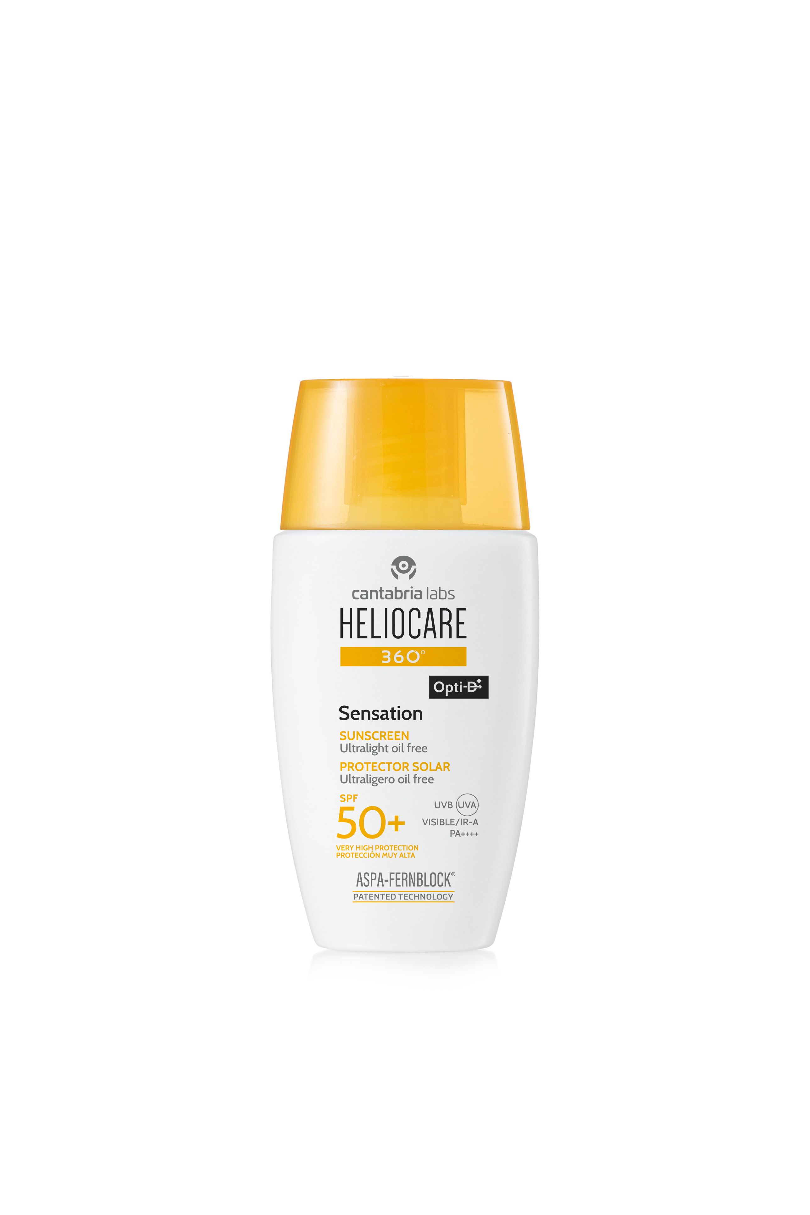 Weiße Flasche mit gelbem Deckel. Aufschrift: Heliocare 360° Sensation SPF 50+. Ölfreier Sonnenschutz.
