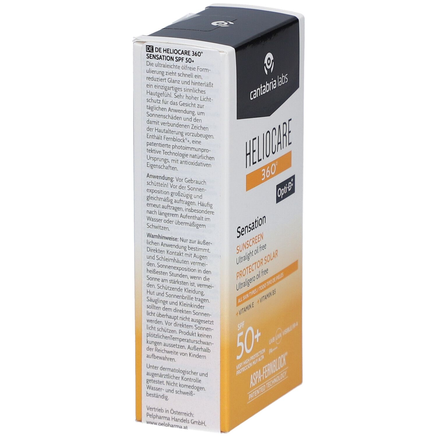 Sonnencreme-Verpackung mit Produktnamen und SPF 50+. Enthält Opti-D und ASPA-FERNBLOCK Technologie.