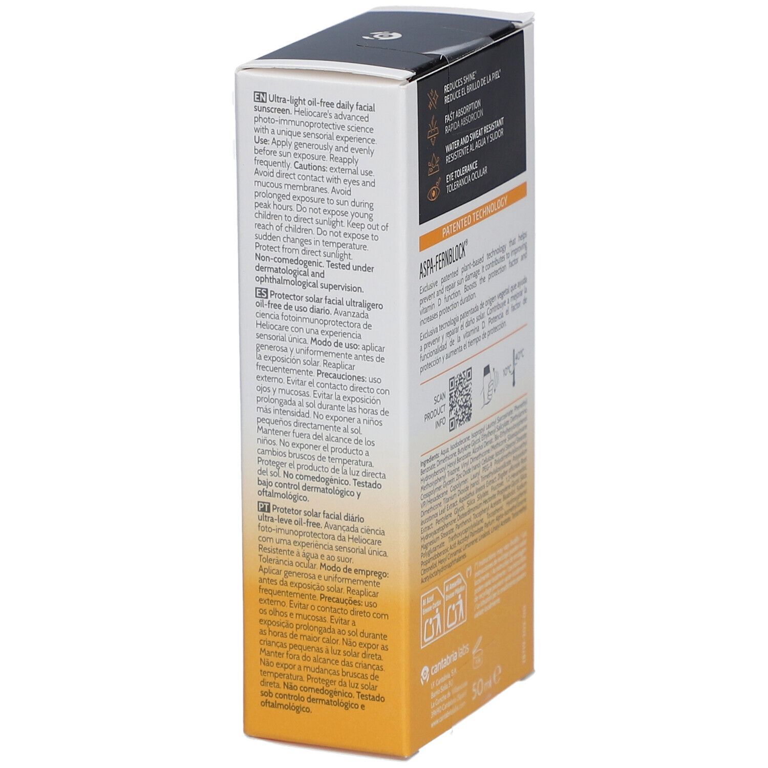 Sonnencreme-Verpackung mit Produktinformationen und QR-Code. Enthält ASPA-FERNBLOCK Technologie.