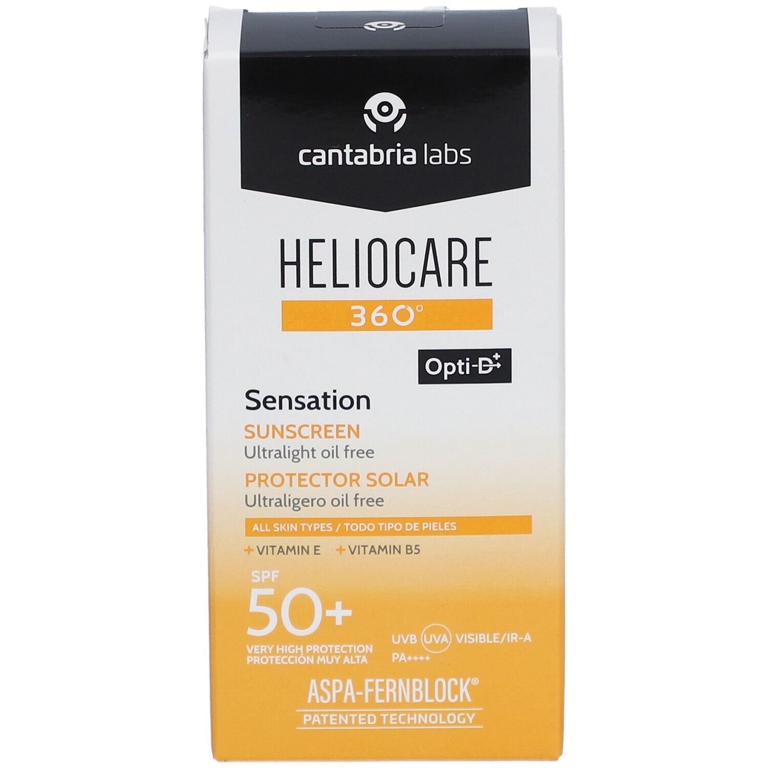 Sonnencreme-Verpackung mit Produktnamen und SPF 50+. Enthält Opti-D und ASPA-FERNBLOCK Technologie.