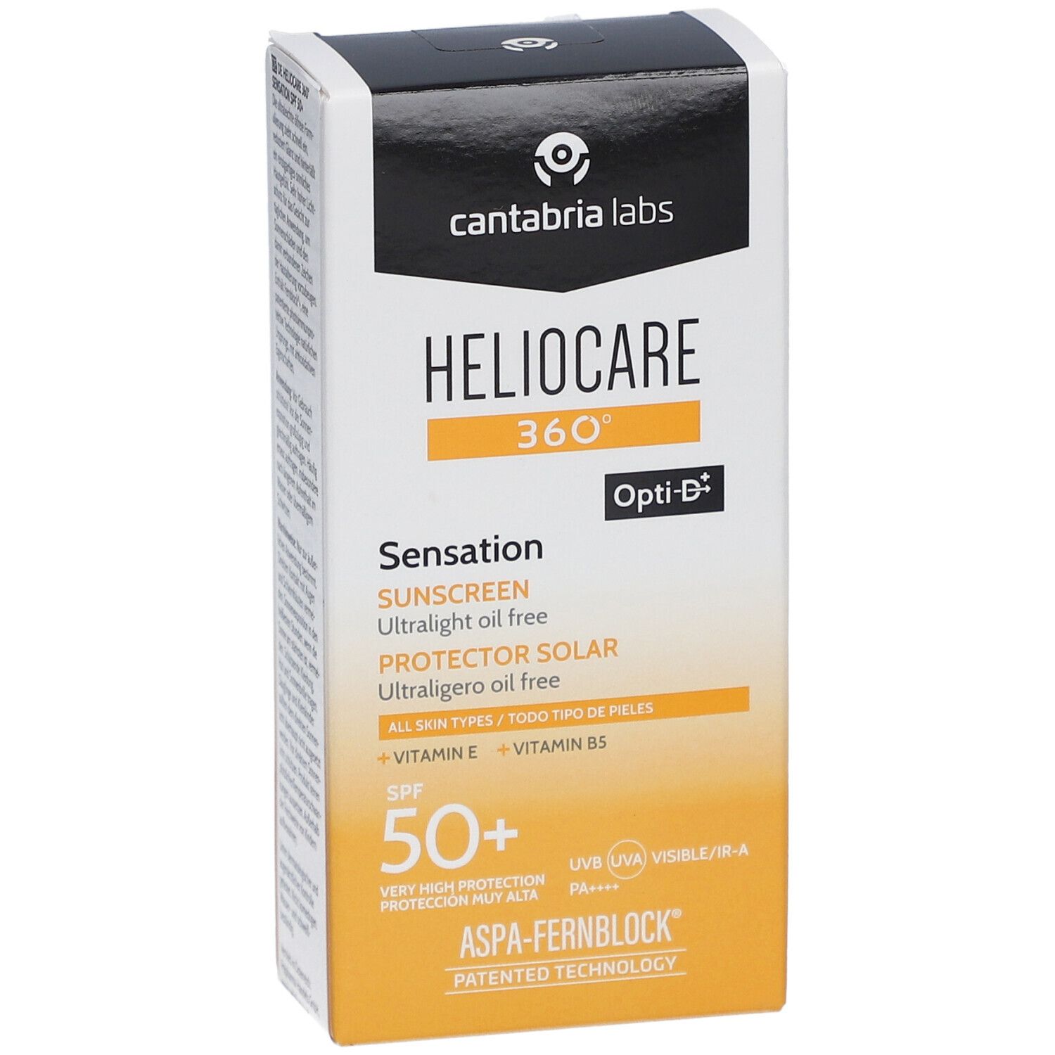 Sonnencreme-Verpackung mit Produktnamen und SPF 50+. Enthält Opti-D und ASPA-FERNBLOCK Technologie.