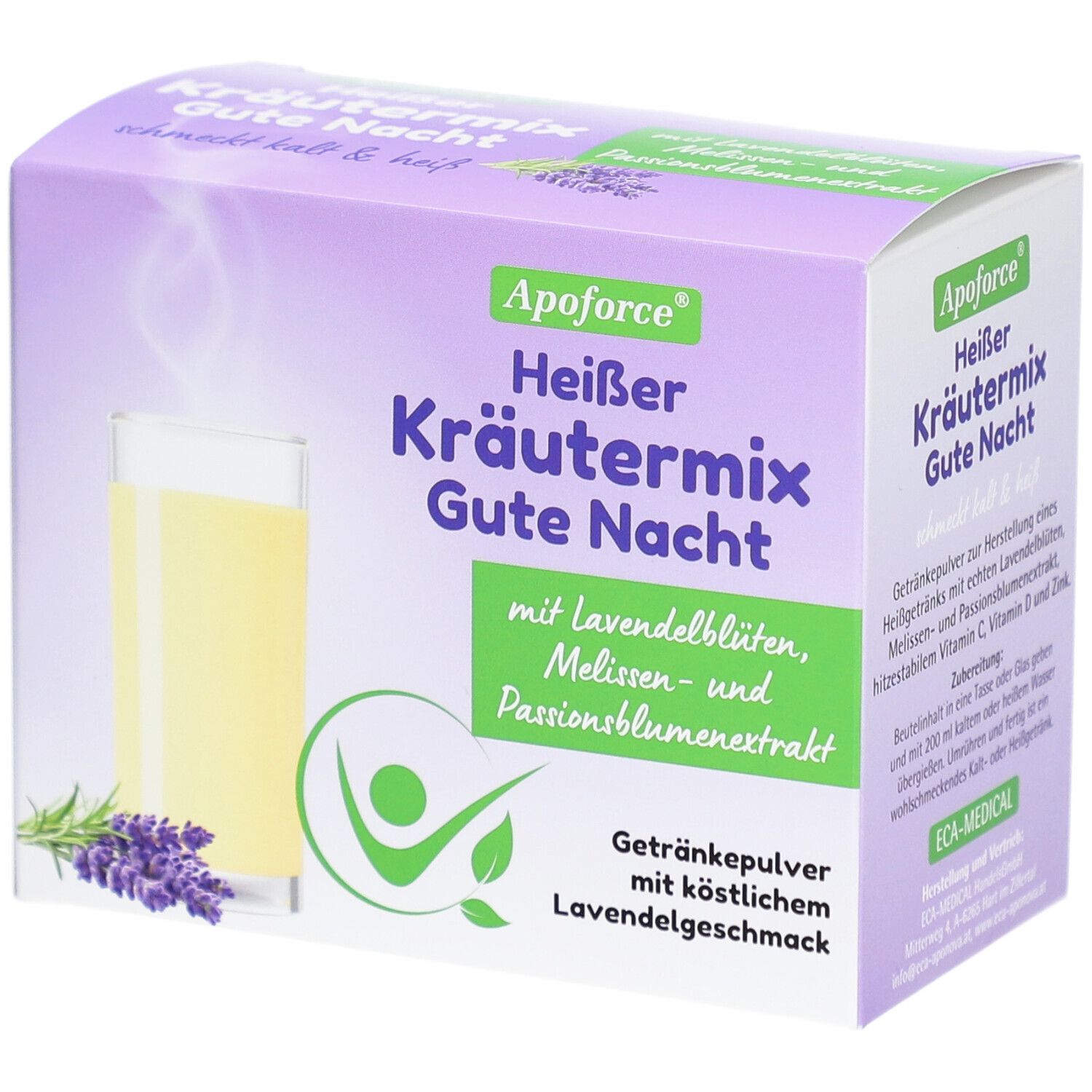 Verpackung von Apoforce Heißer Kräutermix Gute Nacht. Abbildung eines Getränks mit Lavendelblüten. Text: Kräutermix, Lavendelgeschmack.