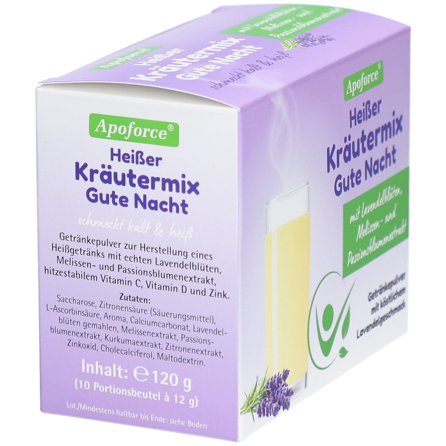 Verpackung von Apoforce Heißer Kräutermix Gute Nacht. Text: Kräutermix, Lavendelblüten, Melisse, Passionsblume. Zutatenliste.