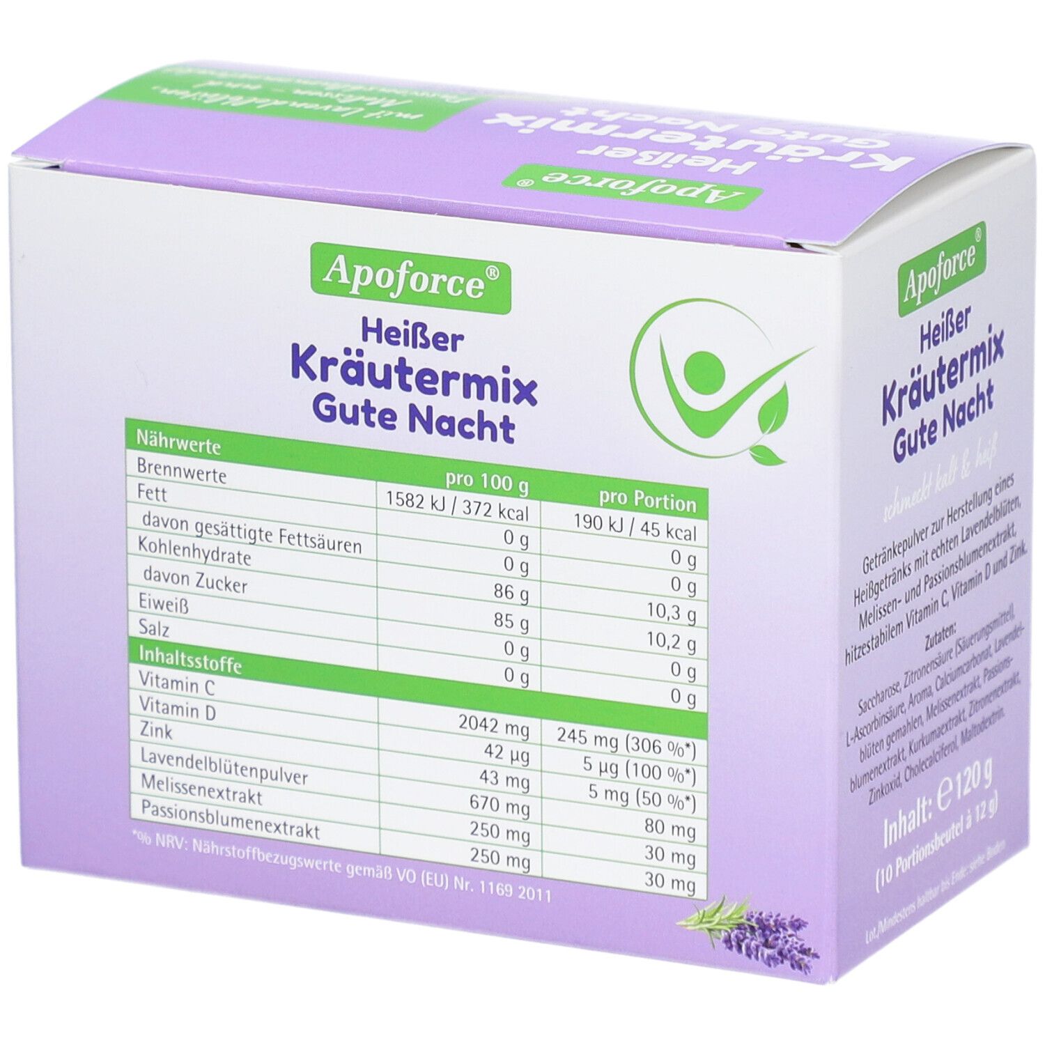 Verpackung von Apoforce Heißer Kräutermix Gute Nacht. Nährwerttabelle. Text: Kräutermix, Lavendelblüten, Melisse, Passionsblume.