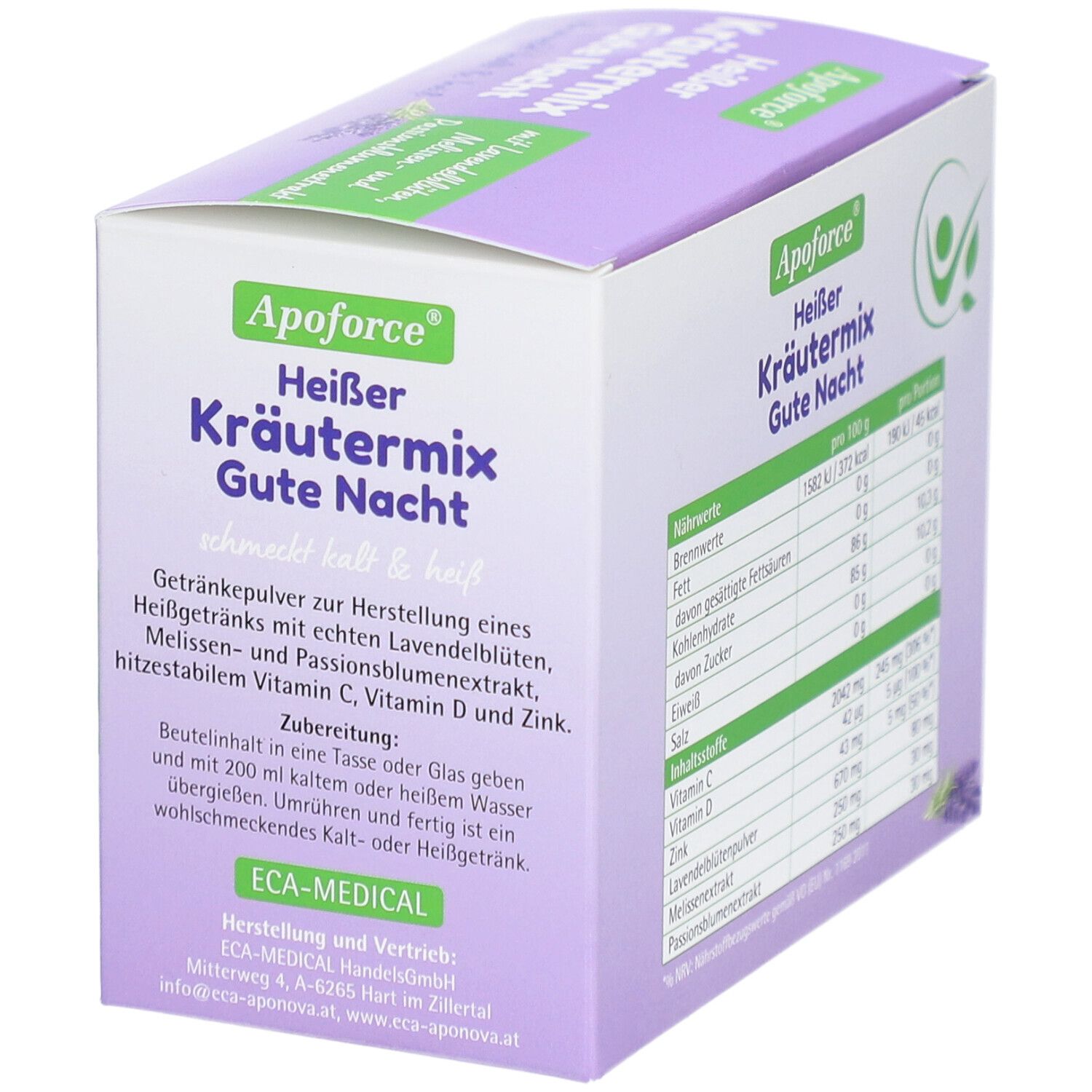 Verpackung von Apoforce Heißer Kräutermix Gute Nacht. Text: Kräutermix, Zubereitung, Nährwerttabelle. ECA-MEDICAL Logo.