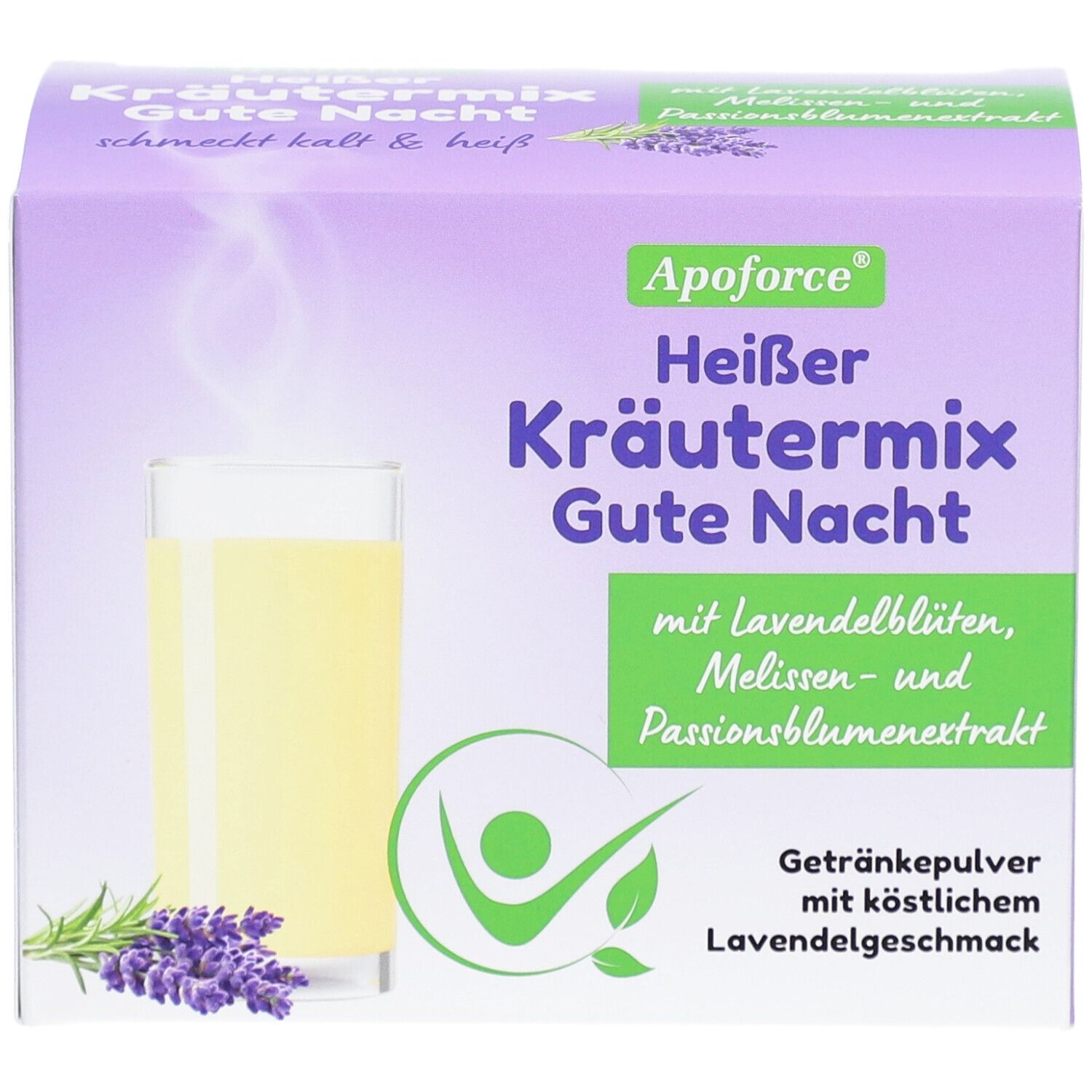 Verpackung von Apoforce Heißer Kräutermix Gute Nacht. Abbildung eines Getränks mit Lavendelblüten. Text: Kräutermix, Lavendelgeschmack.